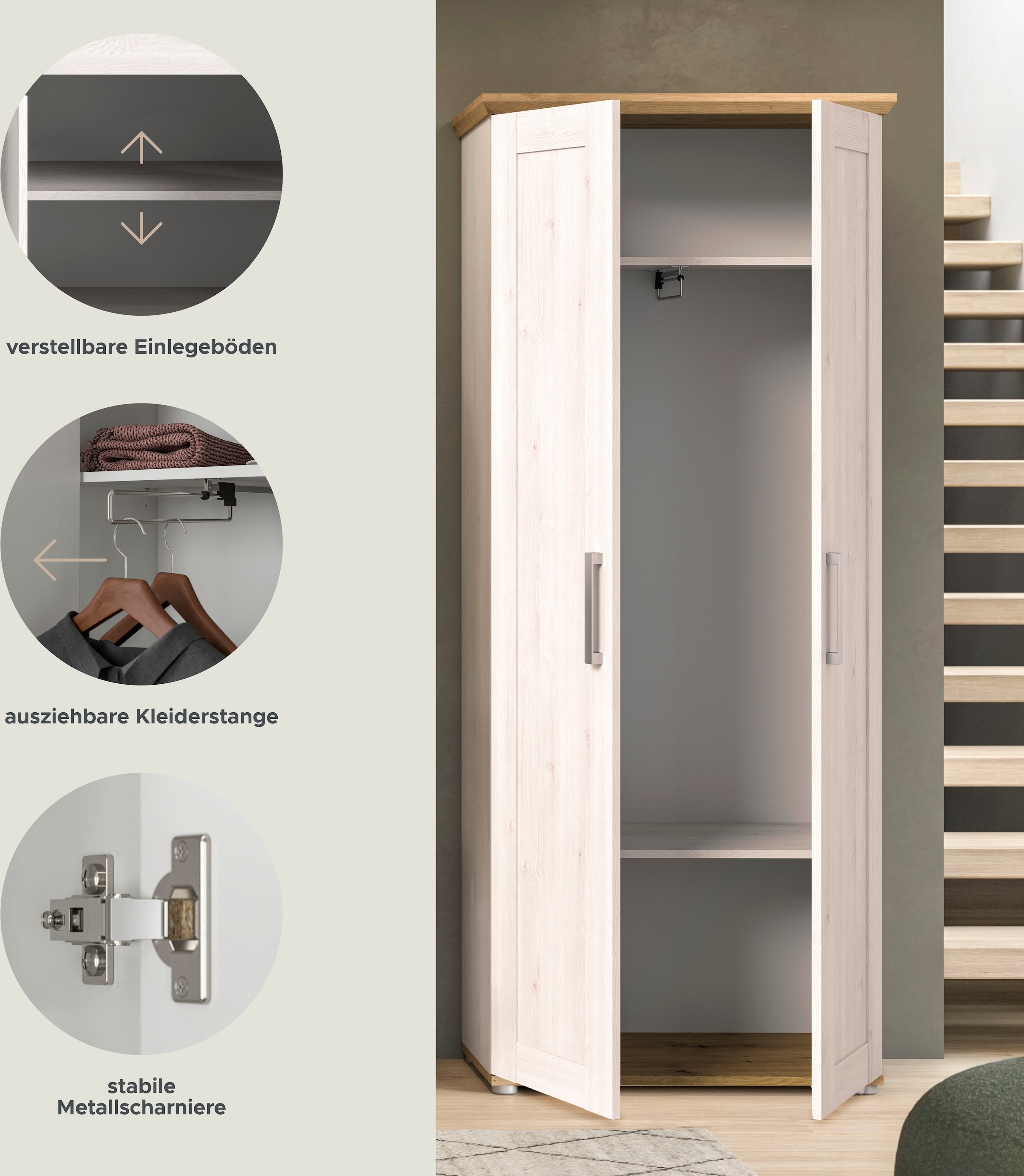 Home affaire Garderobenschrank »Cosenza, Höhe 196 cm, 2 Türen, 2 Einlegeböden, 1 Kleiderstange«, Hochschrank, Stauraumschrank, Schrank, Flurschrank, Dielenschrank