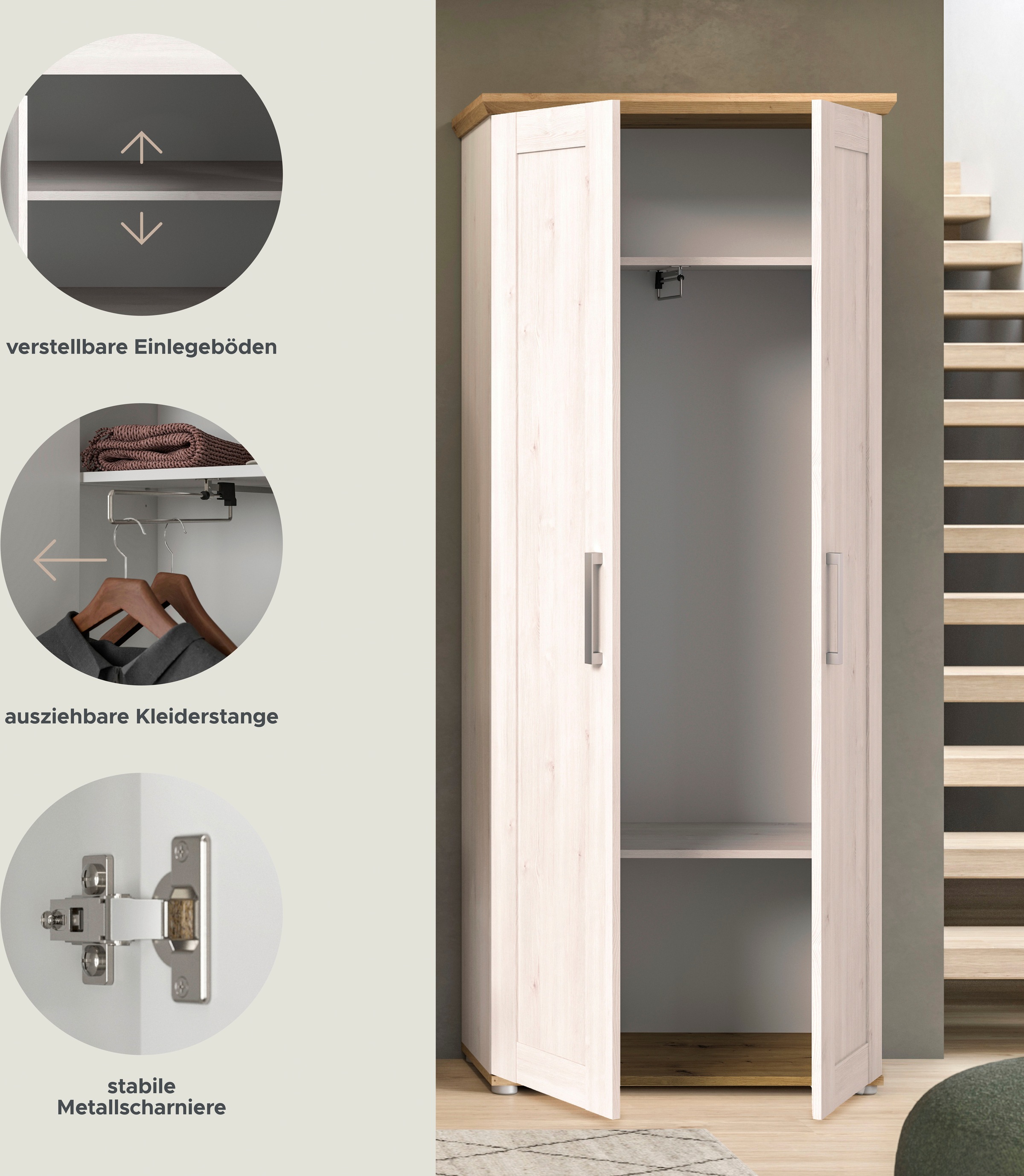 Thumbnail - Home affaire Garderobenschrank "COSENZA, TOPSELLER, Höhe 196 cm, 2 Türen, 2 Böden, 1 Kleiderstange" Hochschrank, Staurau...