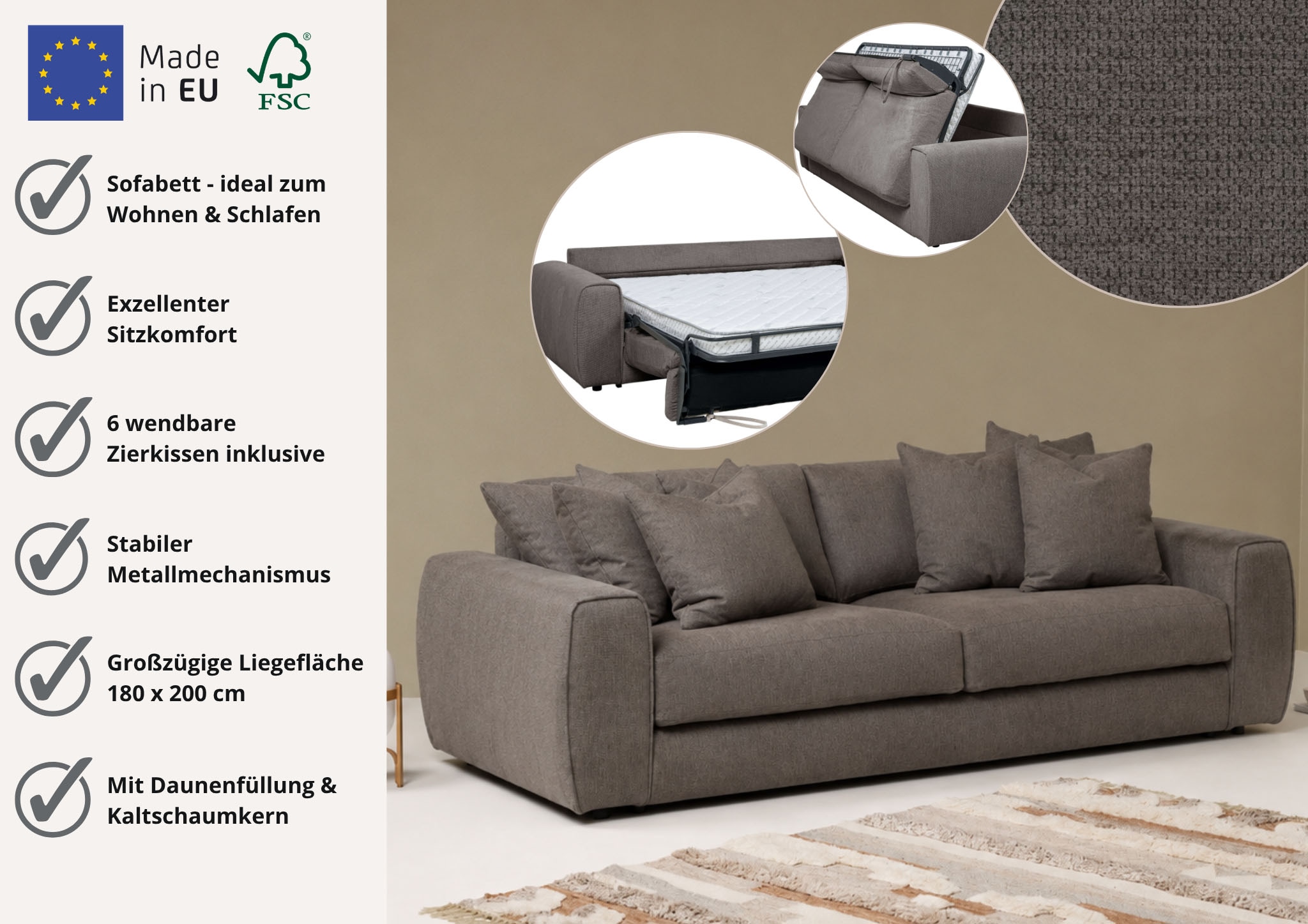 OTTO home Schlafsofa »Rillea, Sofa, Couch, MADE in Europe« B: 252 cm, FSC®, Liegefläche 180x200 cm