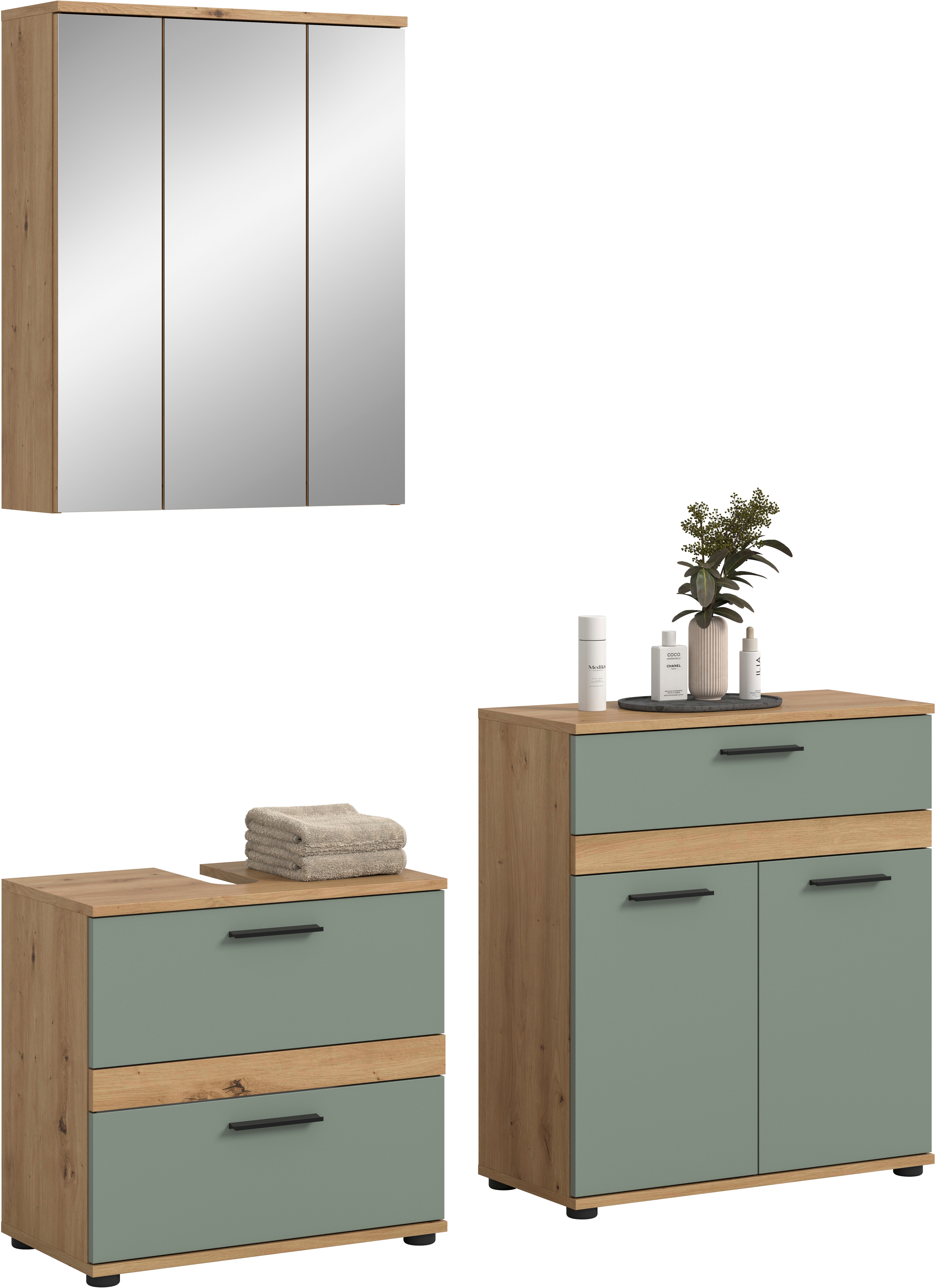 welltime Badmöbel-Set "LUCCA, 3-teilig, hochwertige MDF Front" Set, best. aus: Waschbeckenunterschrank, Spiegelschrank und Midischrank, 3 Stk. tlg.