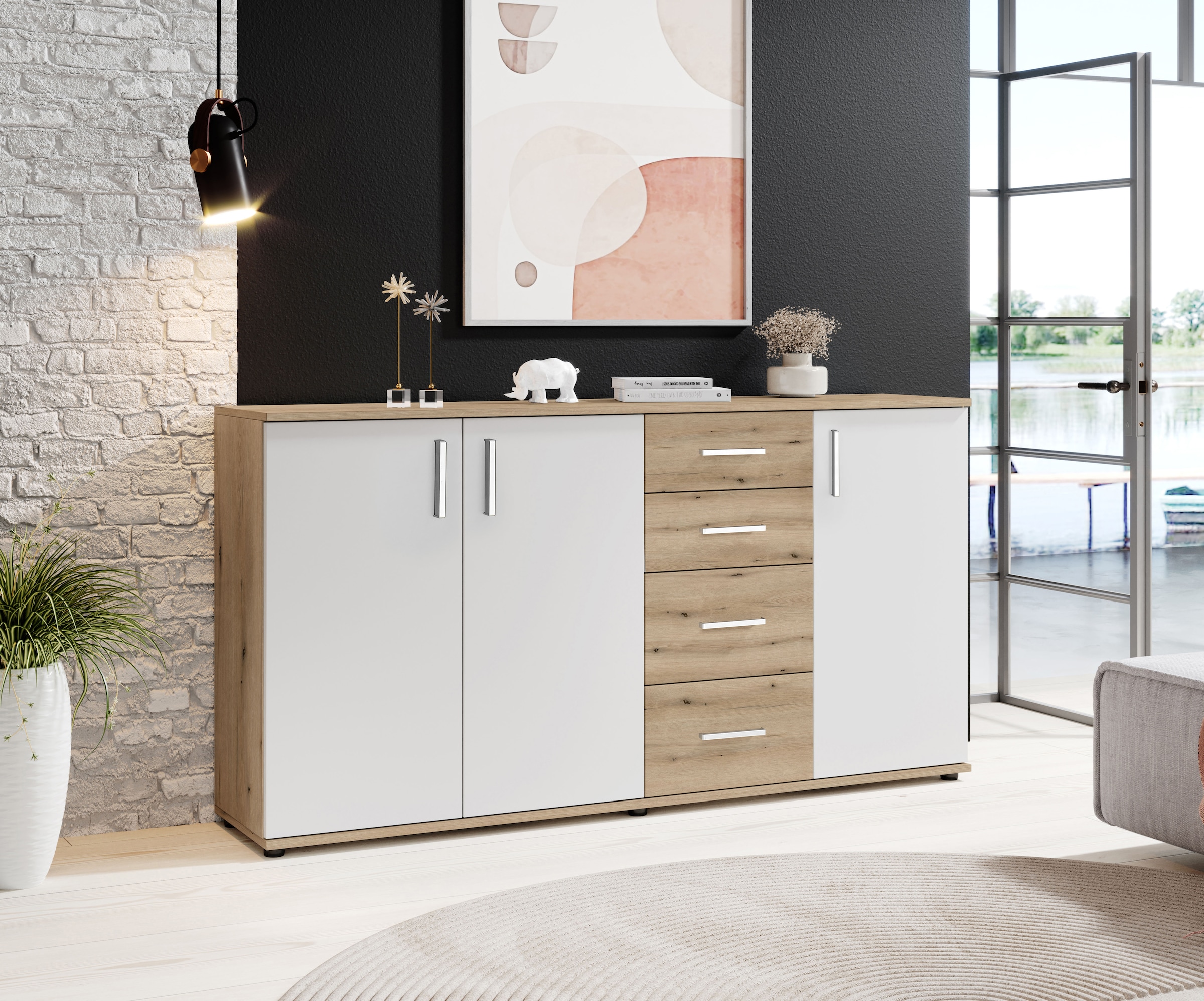 HBZ Kommode "BC-Drift-2, Sideboard Stellmaß BxHxT 160x84x35 cm", (1 St.), Sideboard mit 3 Türen und 4 Schubkästen, 2 Ein