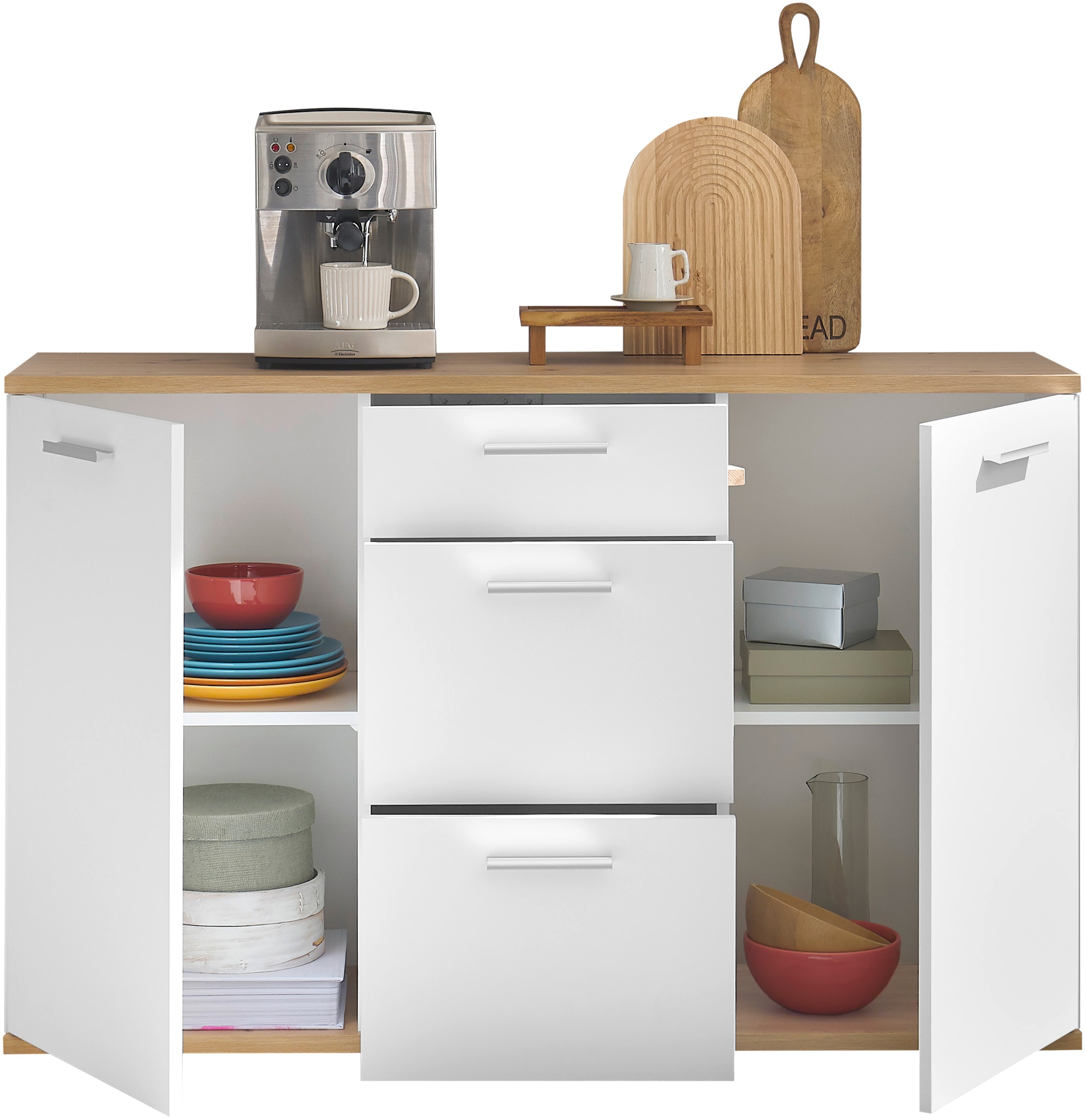 HBZ Kommode »BC1035 weiß matt, BxHxT 135x86x38 cm«, Kommode mit 2 Türen, 3 Schubkästen, 2 Einlegeböden