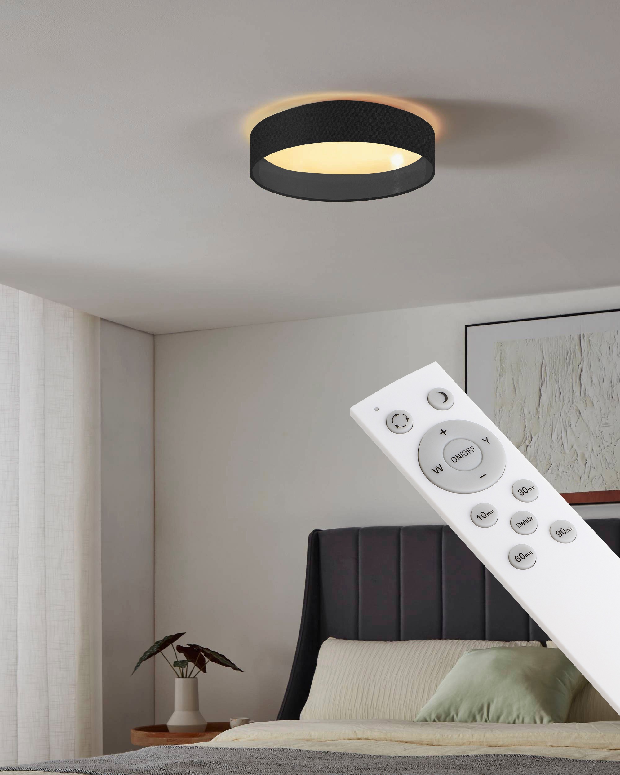 Leonique LED Deckenleuchte »Juria«, 1 flammig, Leuchtmittel LED-Modul | LED fest integriert, Deckenlampe Ø38 x H9 cm mit Textil-/Stoffschirm, CCT, Fernbedienung