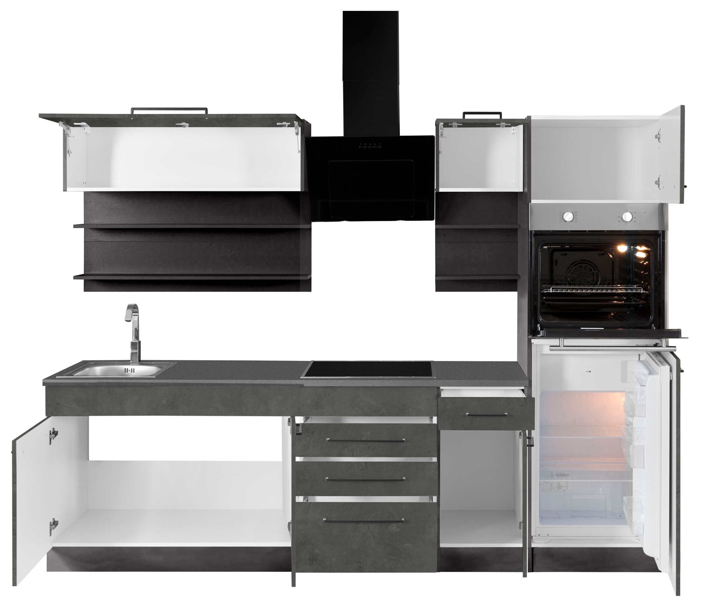 KOCHSTATION Küchenzeile »KS-Tulsa«, mit E-Geräten, Breite 270 cm, schwarze Metallgriffe, MDF Fronten