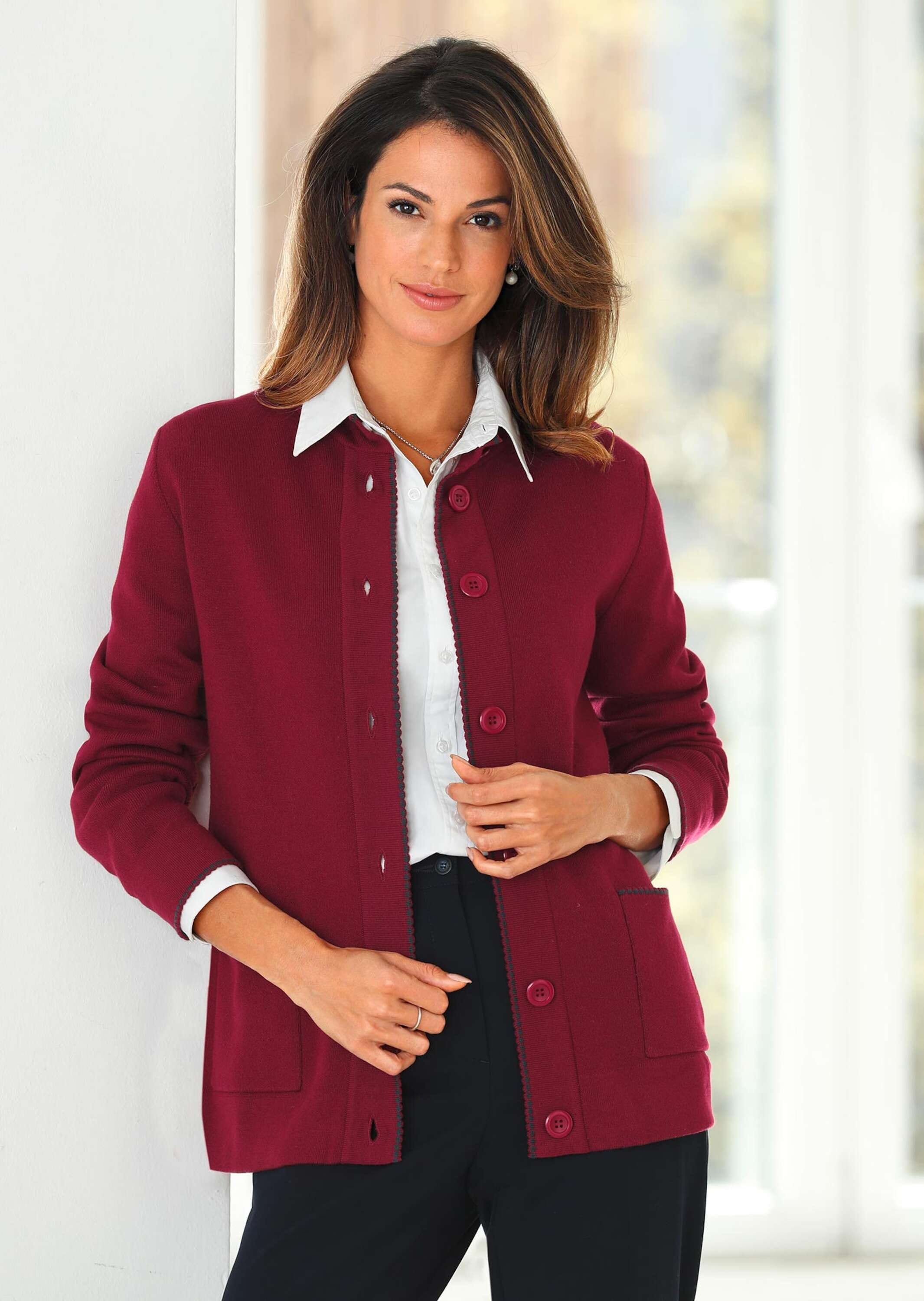 GOLDNER Strickjacke »Kurzgröße Longstrickjacke mit kontrastfarbenen Zierkanten«