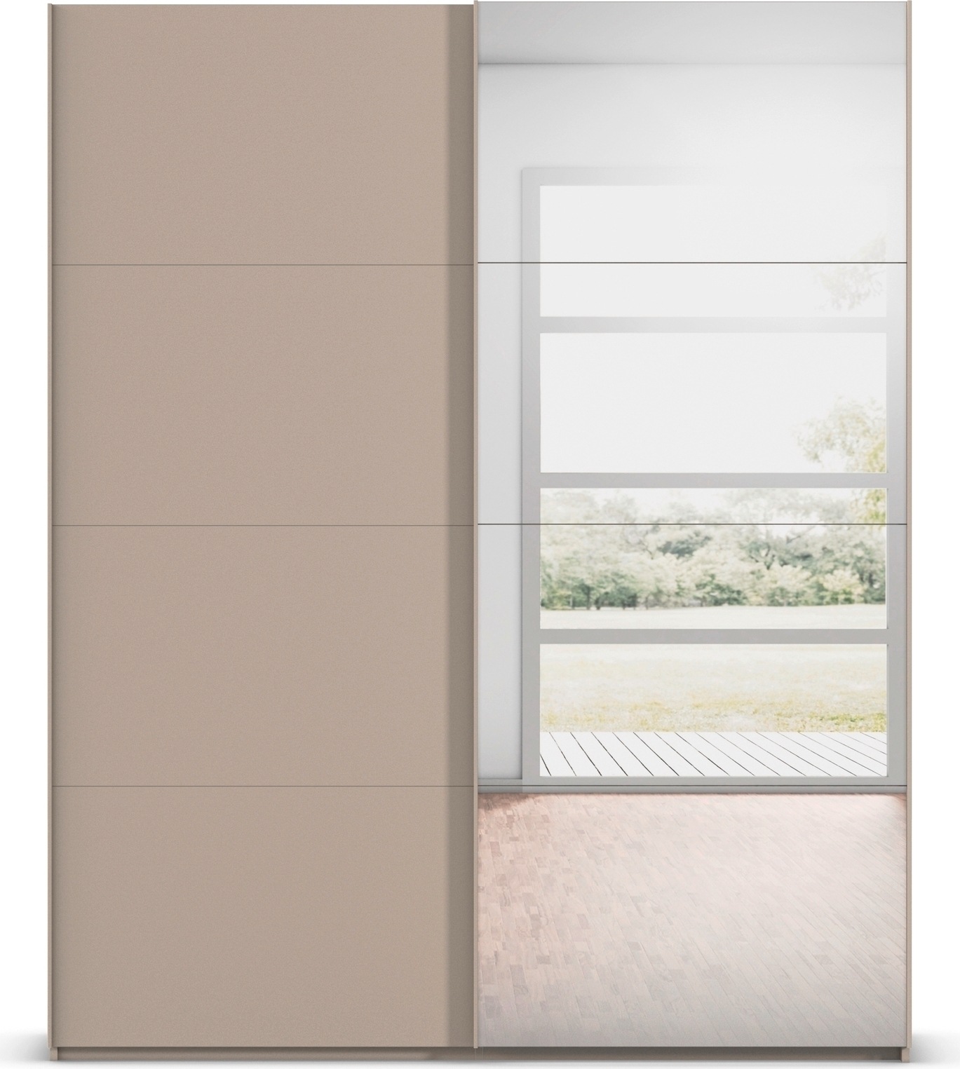 rauch Schwebetürenschrank »Kleiderschrank Schrank Garderobe Schlafzimmerschrank SCALE-FYRA« edle viergeteilte Türen mit Spiegel und vielen Farben MADE IN GERMANY