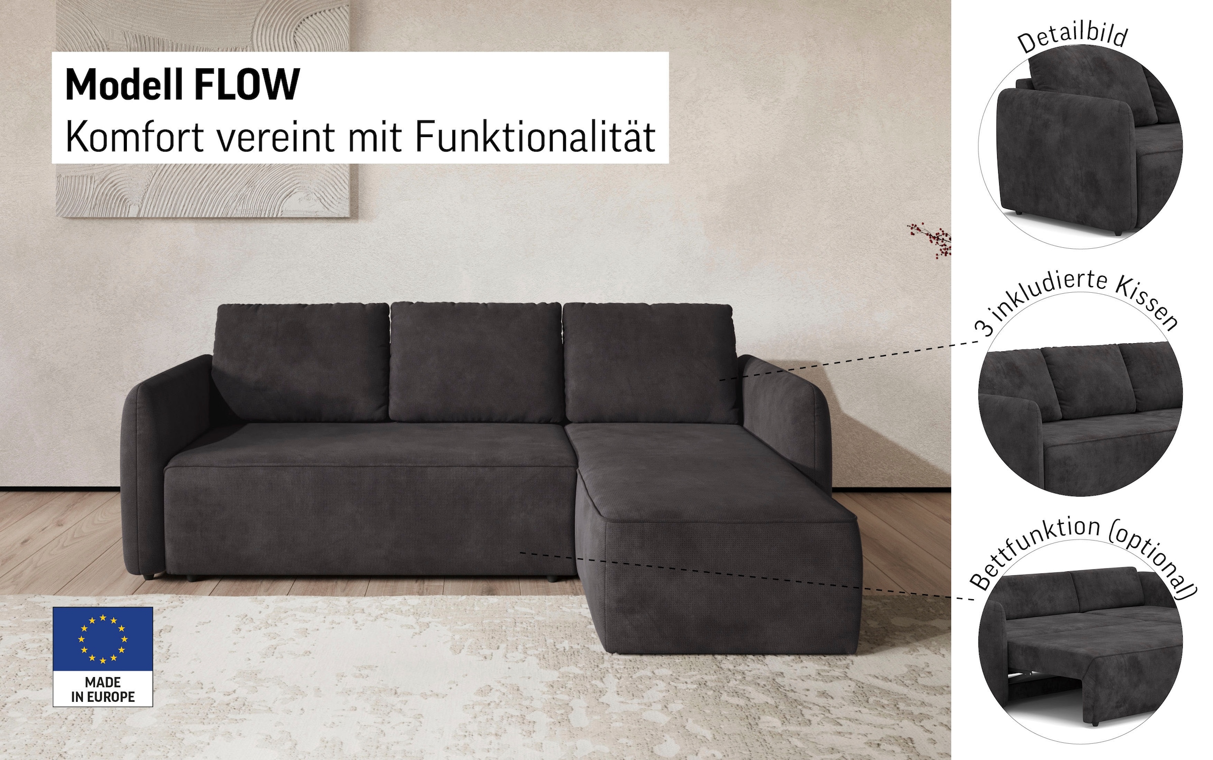 COTTA Ecksofa »Flow L-Form, Breite 239 cm« wahlweise mit Bettfunktion