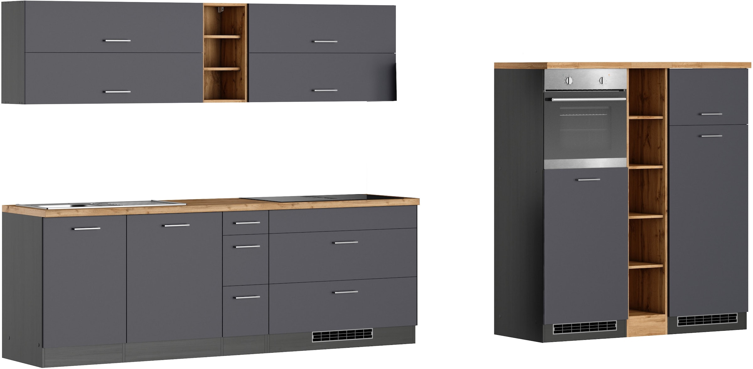 KOCHSTATION Küchenzeile »KS-Milan, optional mit Muldenlüfter« Breite 390 cm, wahlweise mit E-Geräten, Kochfeld mit Dunstabzug