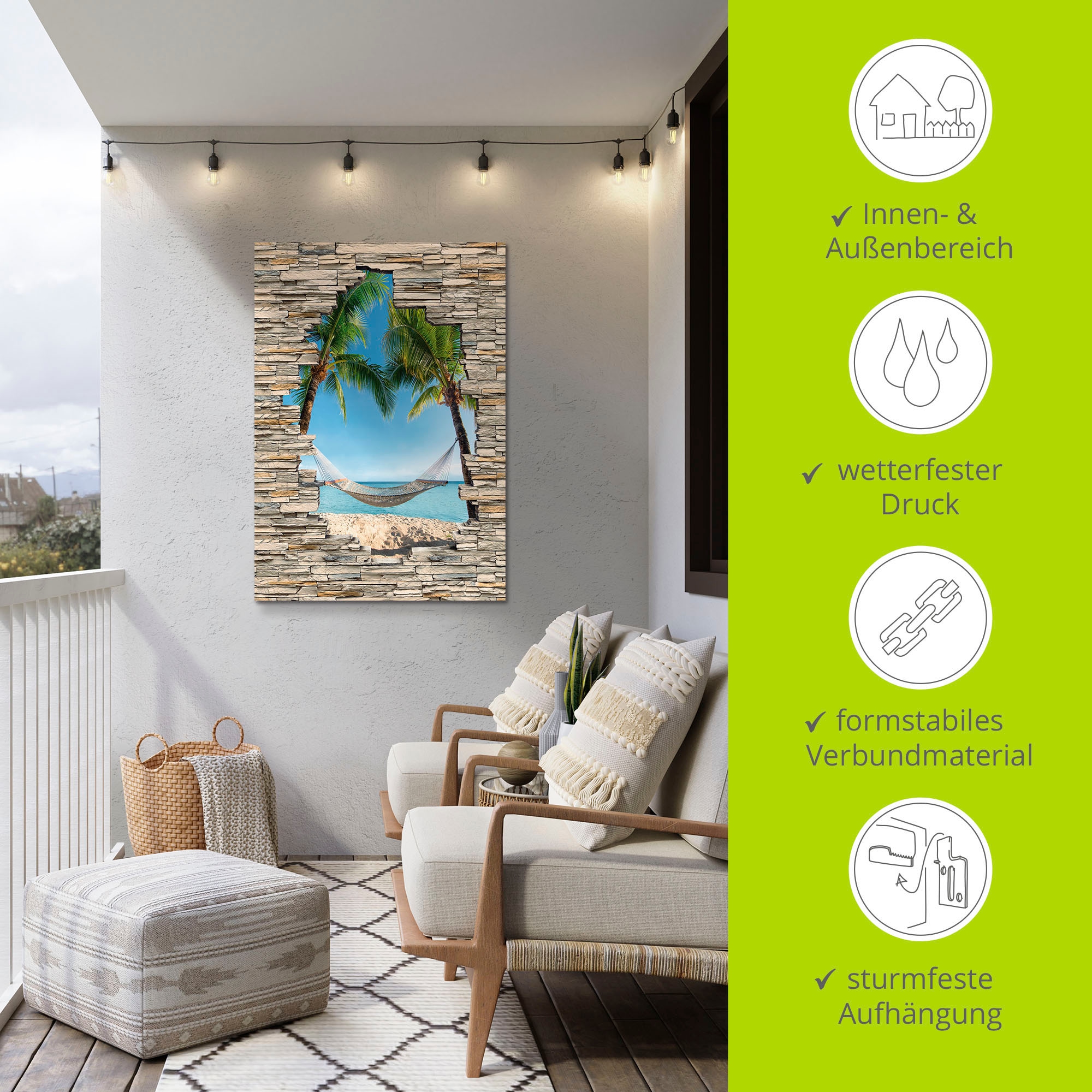 Artland Wandbild »Palmenstrand Karibik Hängematte Stein«, Karibikbilder, (1 St.), als Alubild, Outdoorbild, Poster in verschied. Größen