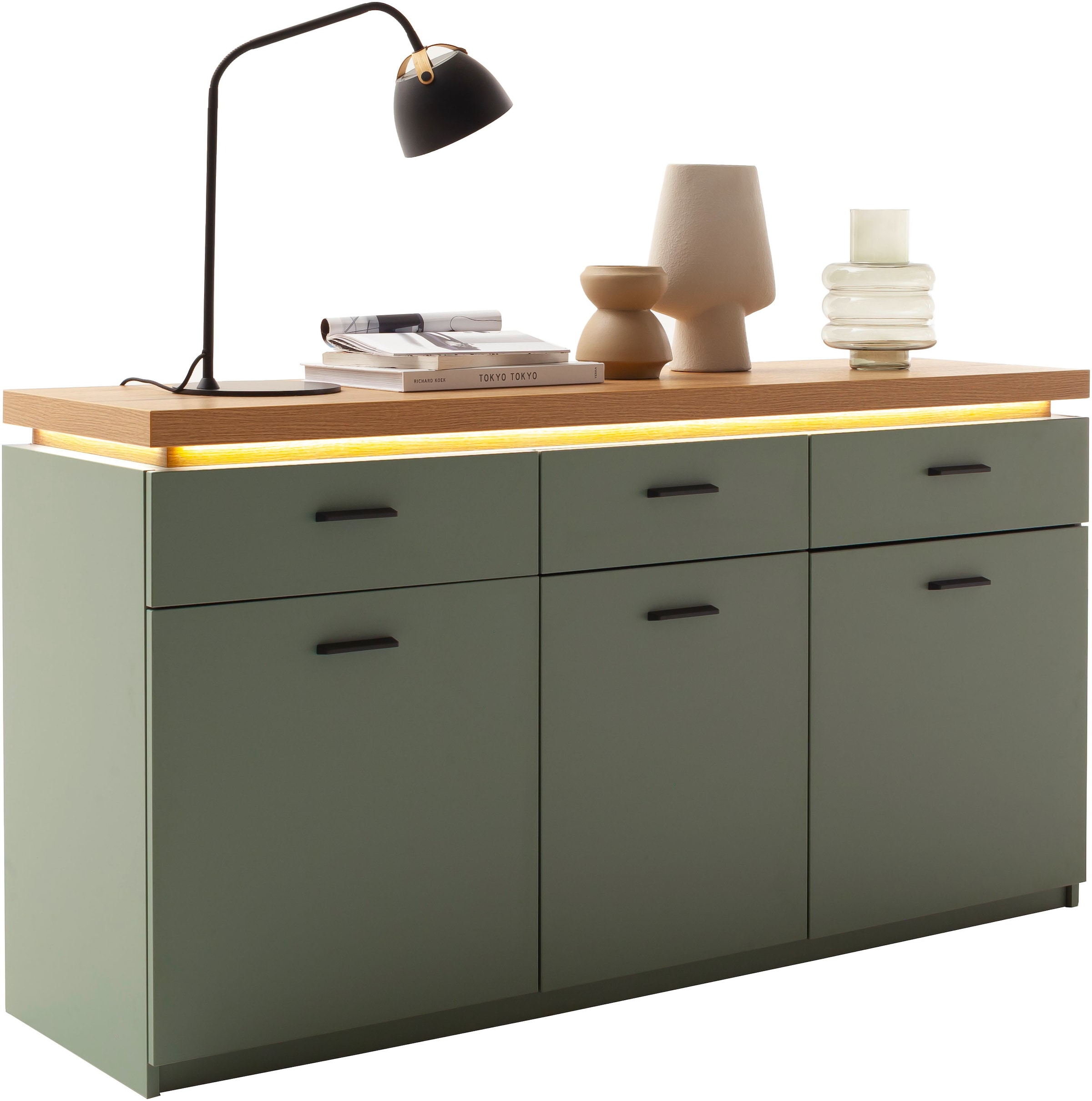 MCA furniture Sideboard »MONIZ Sideboard«, (1 St.), Kommode,Eiche Salbeigrün,3 Türen,3 Schubkästen,gedämpft,Breite 156 cm