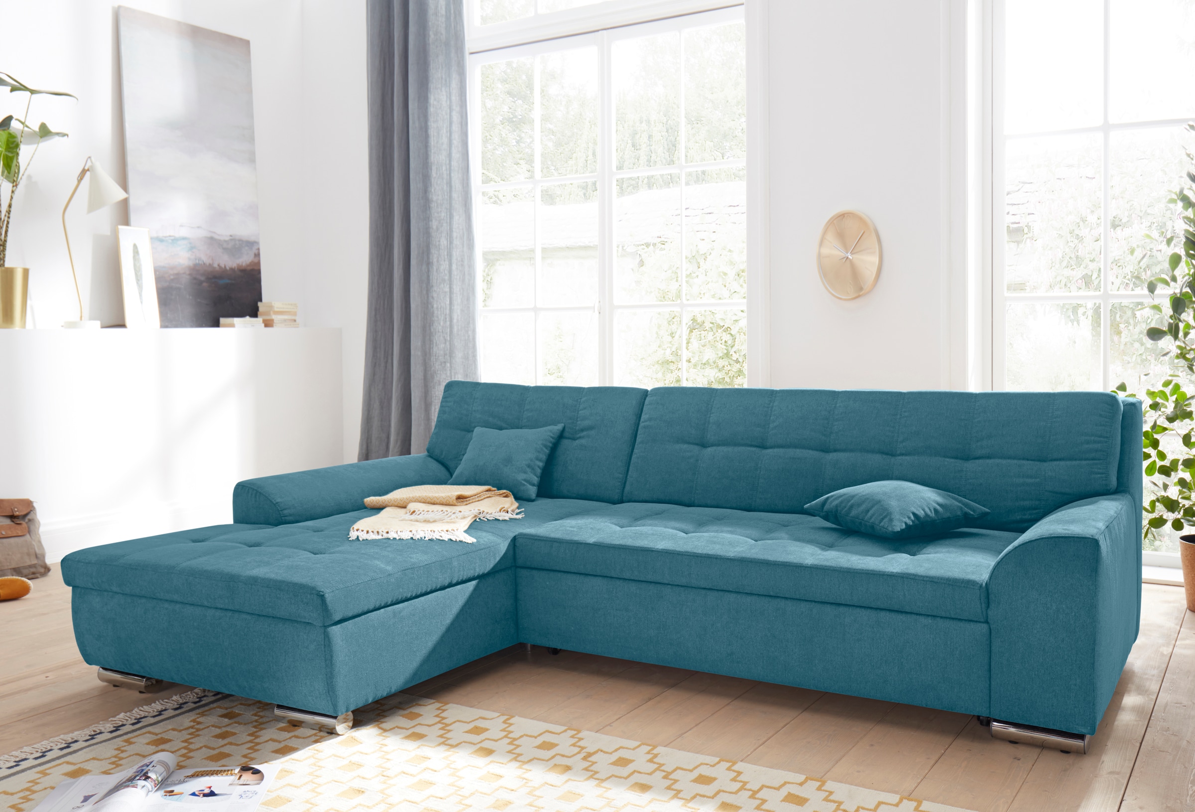 DOMO collection Ecksofa "Aversa, moderne Steppung, geschwungene Armlehnen, Breite 267cm" L-Form, wahlweise mit Bettfunktion