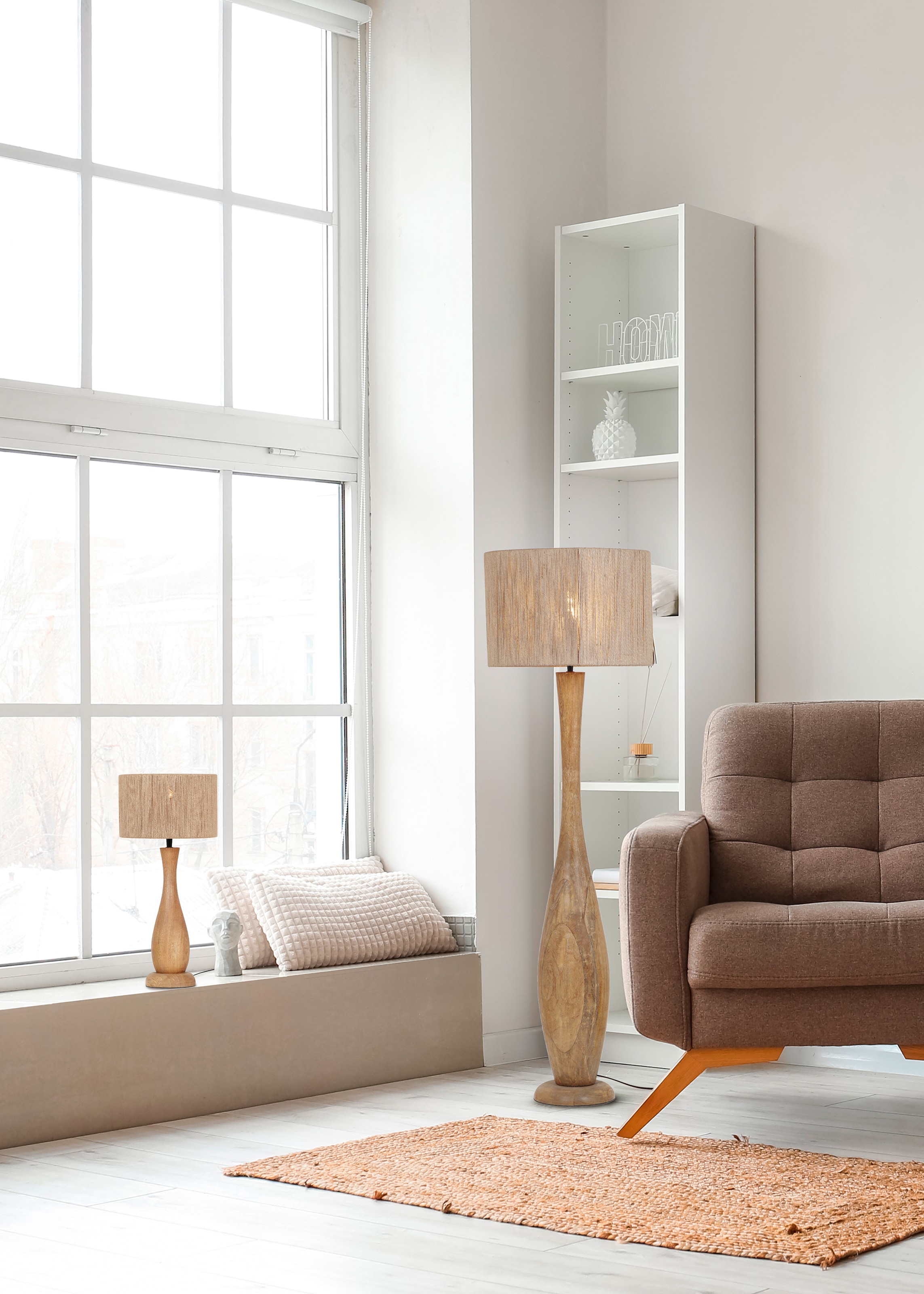 TRIO Leuchten Tischleuchte »TOBA, Massivholz Tischleuchte naturbelassen, mit Jute Lampenschirm« E27 1 Stk. warmweiß - kaltweiß exkl 1x E27 max 10W, Höhe 54 cm Ø 24,5 cm, Schirm Fäden aus Jute Stoff