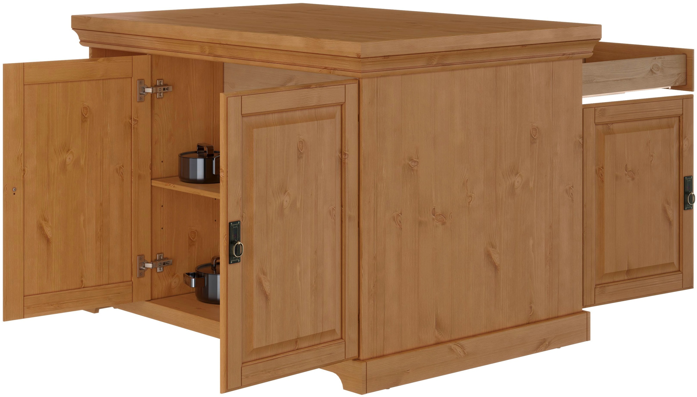 Home affaire Kücheninsel »Rügen«, Breite 130 cm, Kiefer massiv, mit Türen, Schubkästen, offenen Fächern