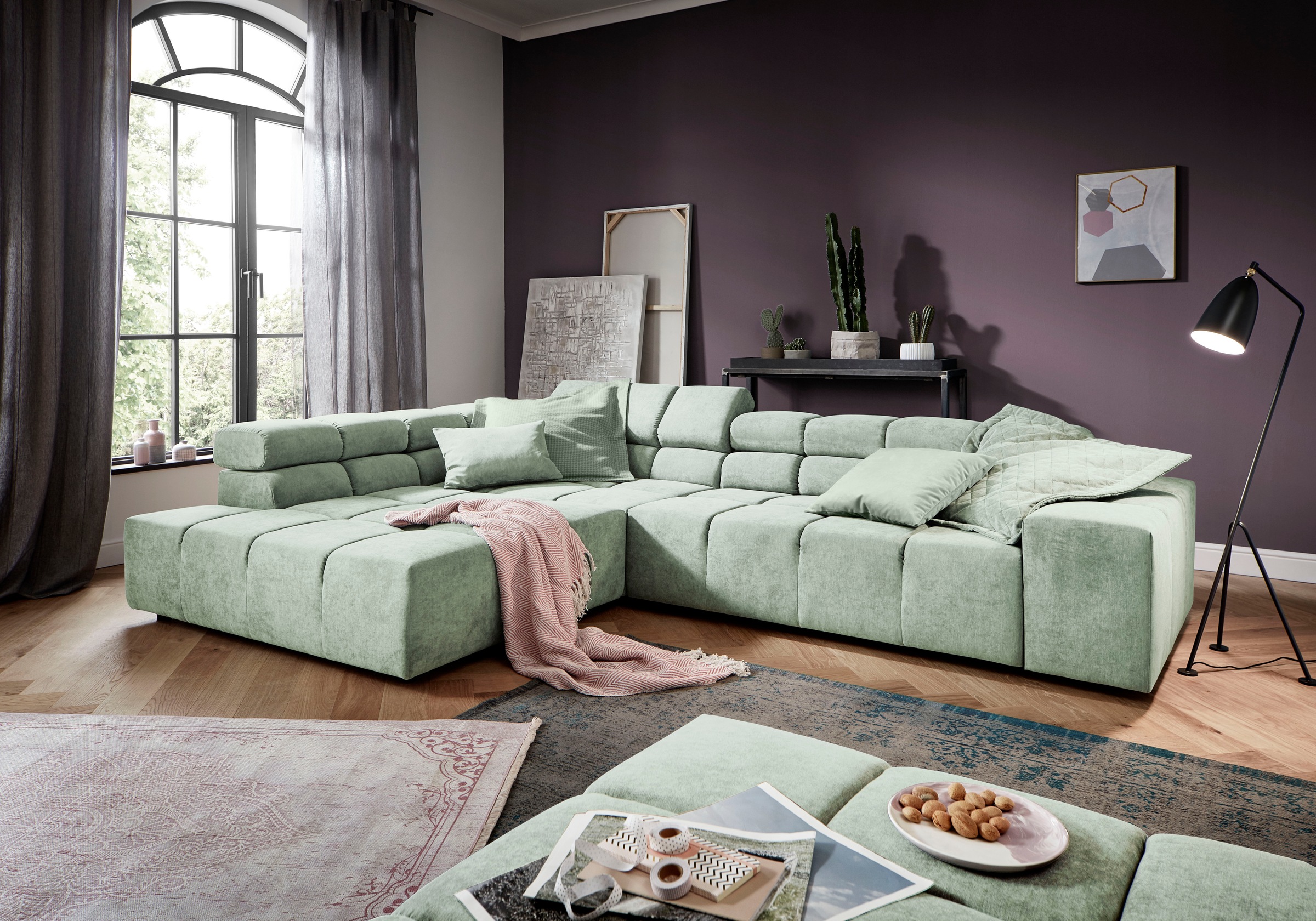 Home affaire Ecksofa "Ancona, Ecksofa, incl. Kopfteilverstellung, Breite 319 cm, L-Form" wahlweise motorische Sitztiefenverstellung, auch in Cord + Easy Care