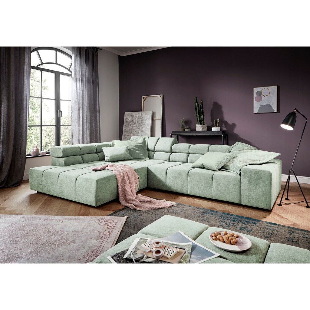 INOSIGN Ecksofa »Ancona incl. Kopfteilverstellung, Zierkissen B/T/H: 319/210/70 cm«