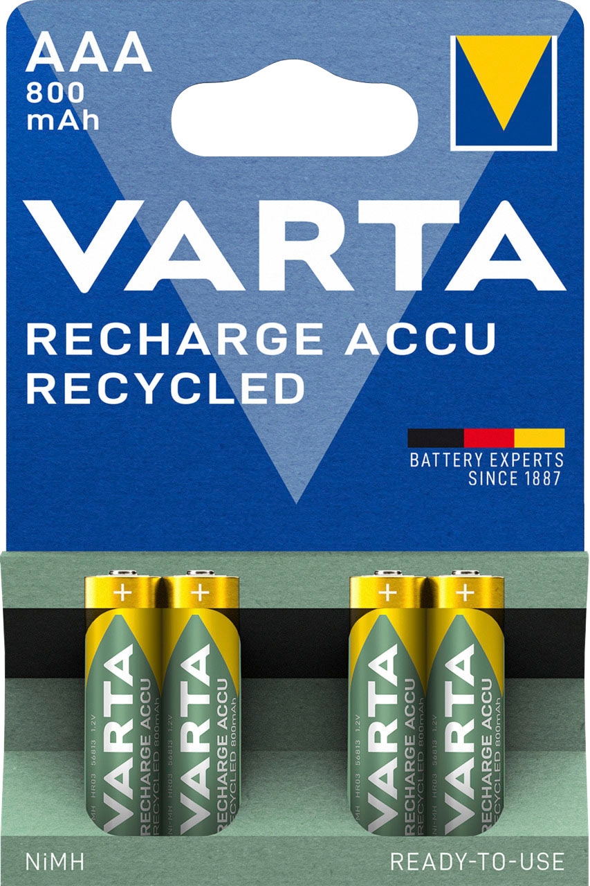 VARTA wiederaufladbare Batterien »wiederauflaudbare Akkus«, 1,2 V, (Packung, 4 St.), VARTA Recharge Accu Recycled, Ready-To-Use vorgeladener AAA Micro Ni-MH Akku (4er Pack, 800mAh) - aus 11% recyceltem Material - wiederaufladbar ohne Memory Effekt