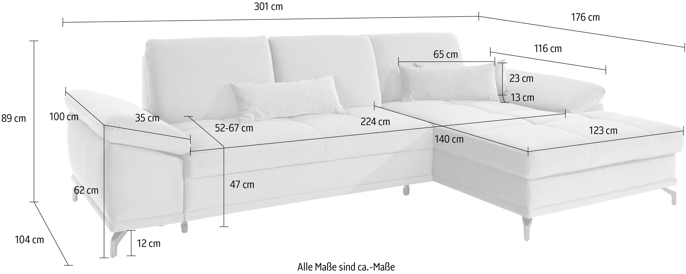 Places of Style Ecksofa Costello, mit Sitztiefenverstellung und Armlehnfunktion, incl. 3 Nierenkissen