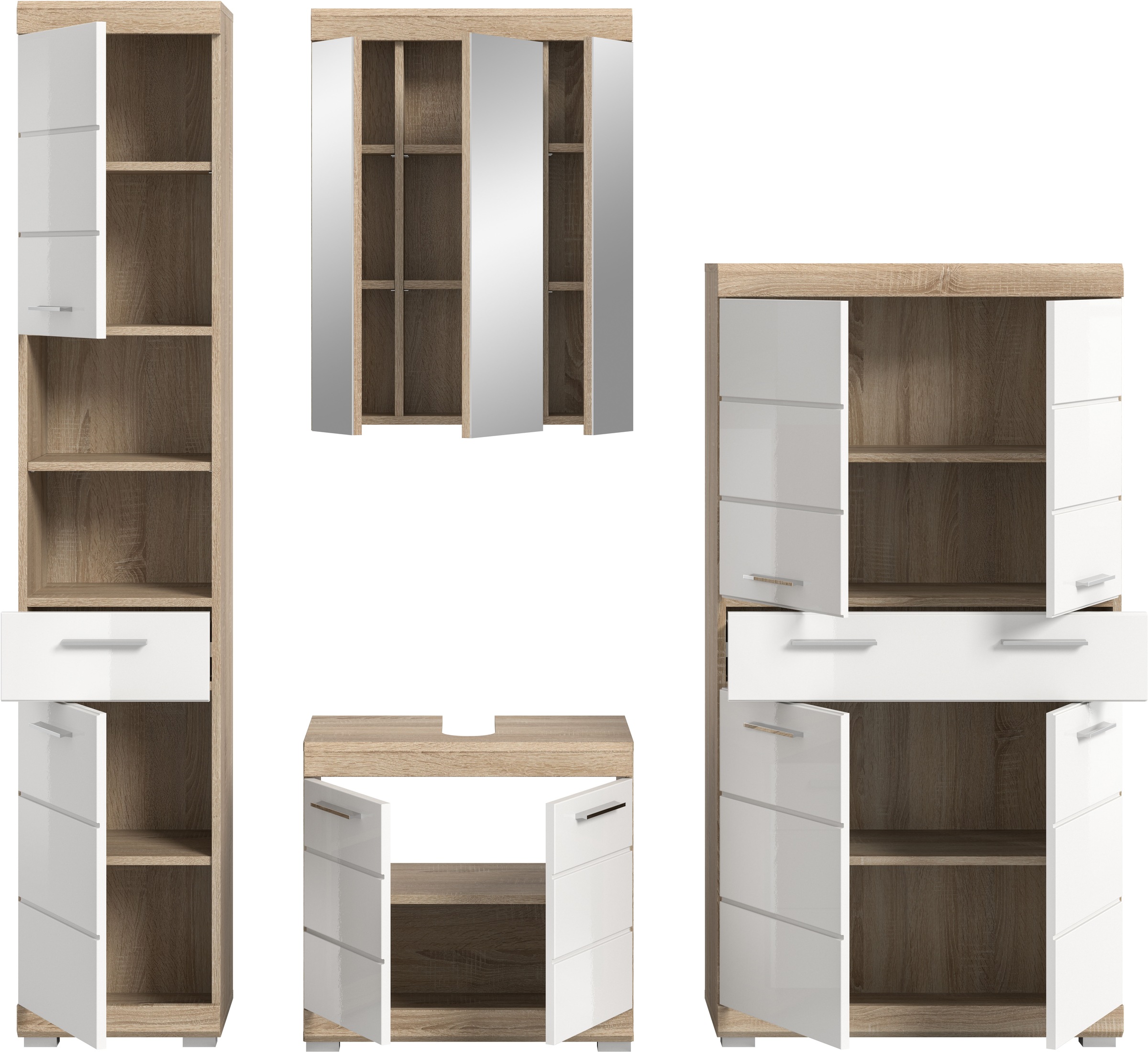 INOSIGN Badmöbel-Set »Siena, 4 teilig, bestehend aus:«, (Set), Hochschrank, Waschbeckenunterschrank, Spiegelschrank, Midischrank