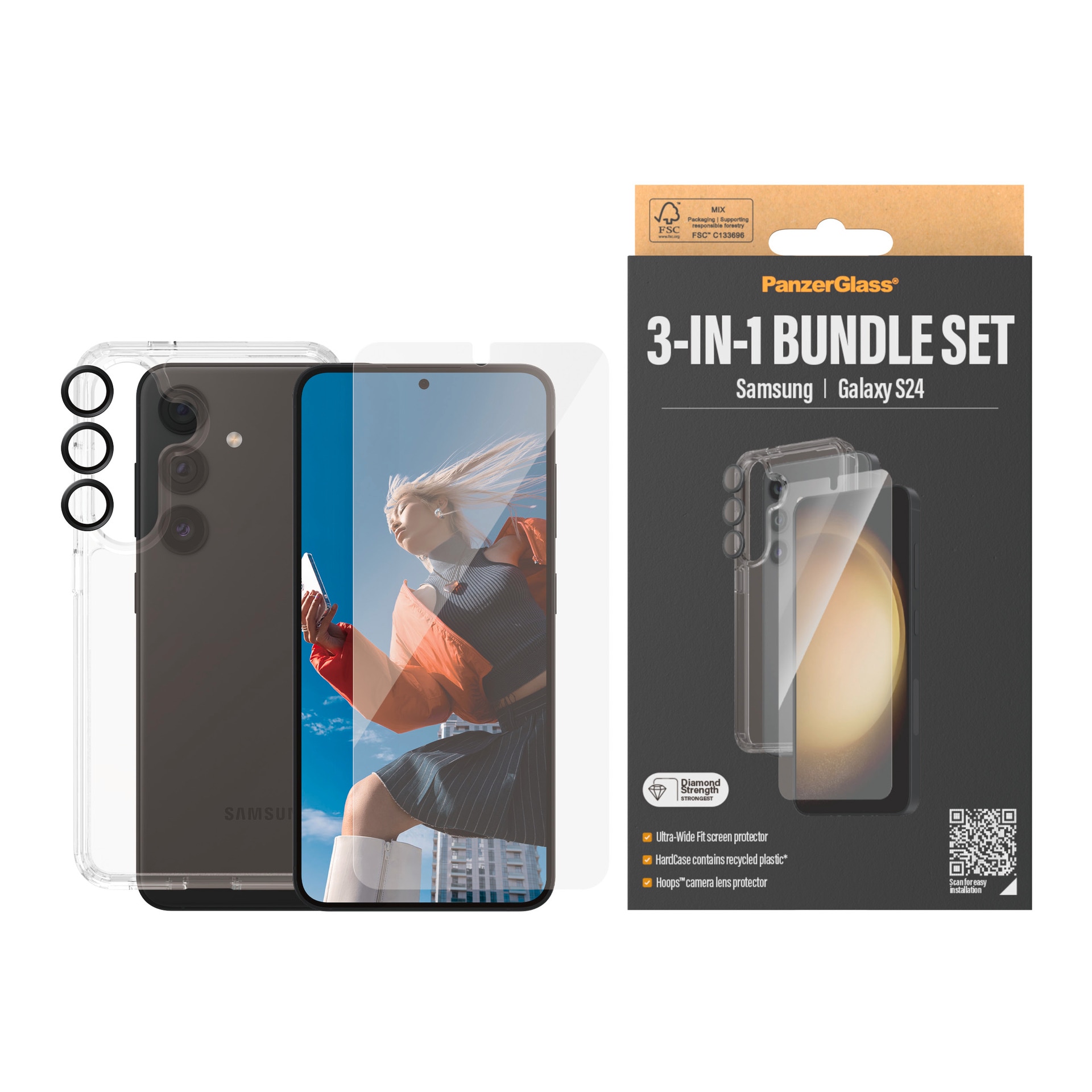PanzerGlass Displayschutzglas »3-in-1 Bundle Set Screen Protector, HardCase, Hoops«, für Samsung Galaxy S24, Displayschutzfolie, Schutzfolie, Bildschirmschutz, kratz- & stoßfest