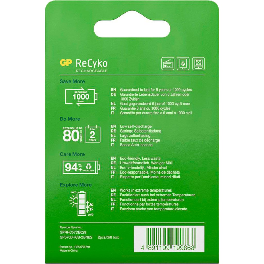 GP Batteries Akku »2er Pack D Mono Akku GP NiMH 5700 mAh ReCyko 1,2V«, D, 5700 mAh