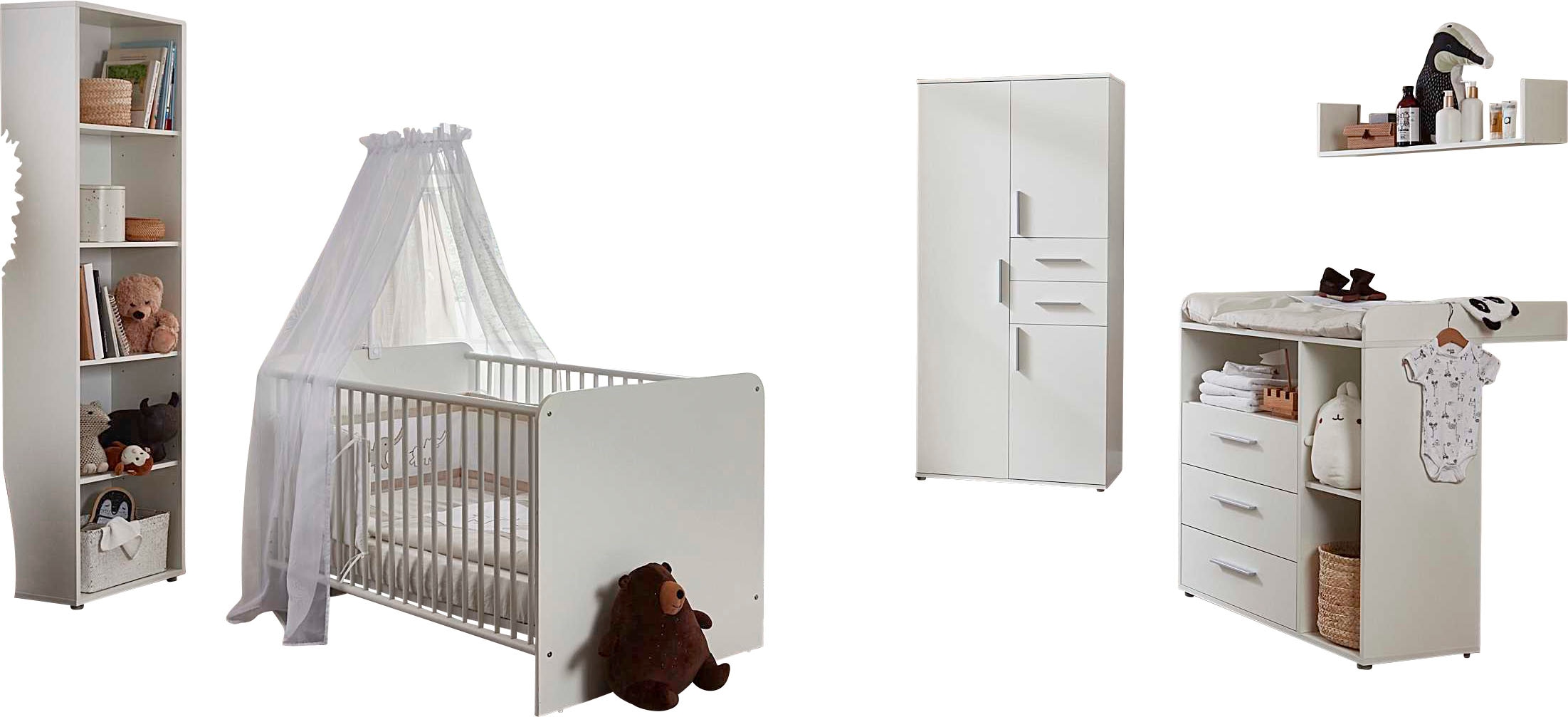 BMG Möbel Babyzimmer-Komplettset "Lea", (Set, 5 tlg., Bett, Wickelkommode, Schrank, Standregal, Wandboard), Bett + Wicke