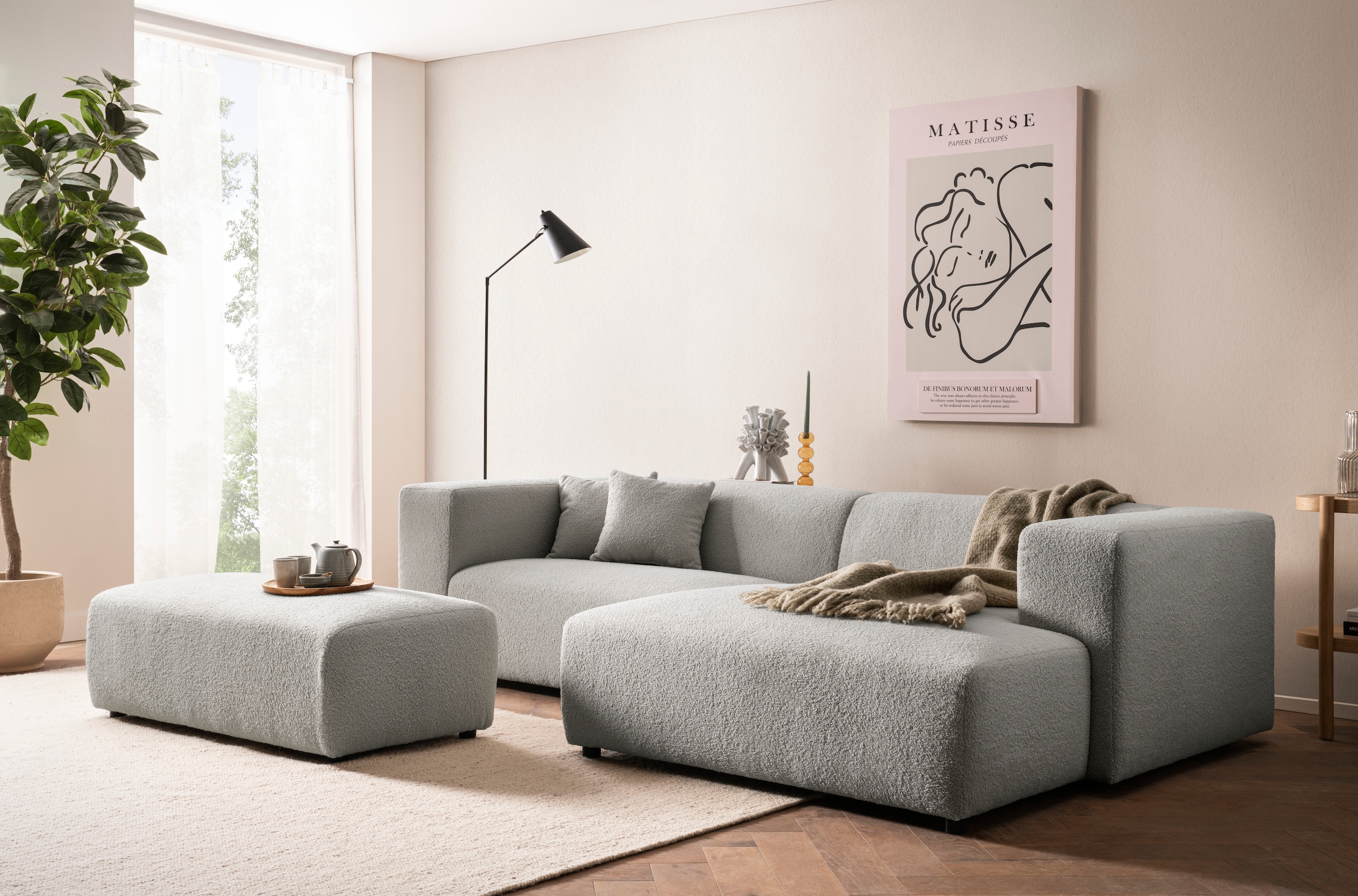 andas Ecksofa »BAKELS, L-Form in Cord oder Boucle-Stoff, moderne Couch«, wahlweise Recamiere rechts/links, bequemer Sitzkomfort