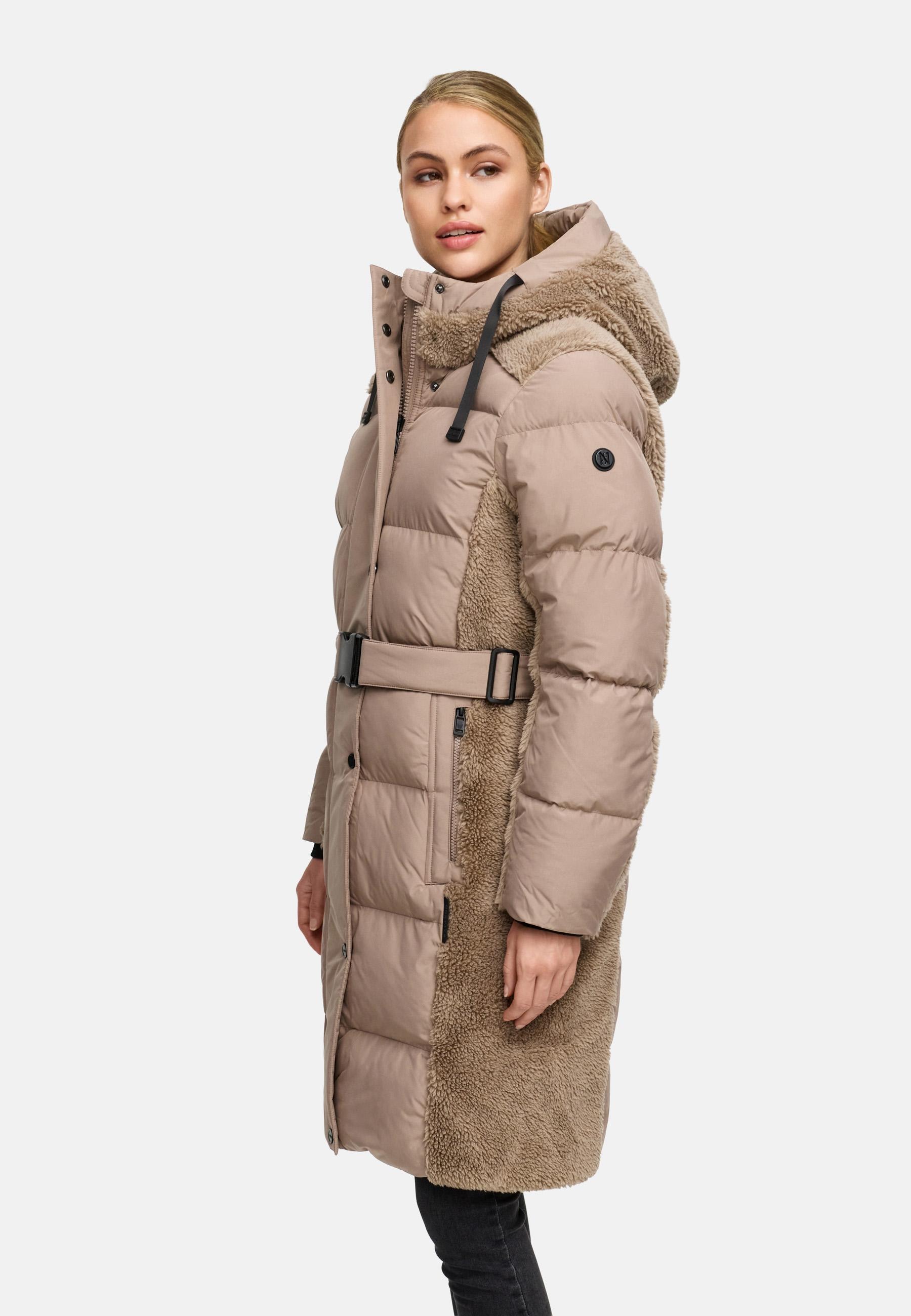 Navahoo Wintermantel »Funkelteddy 14«, warmer Mantel mit Teddyplüsch-Akzenten und Taillengürtel