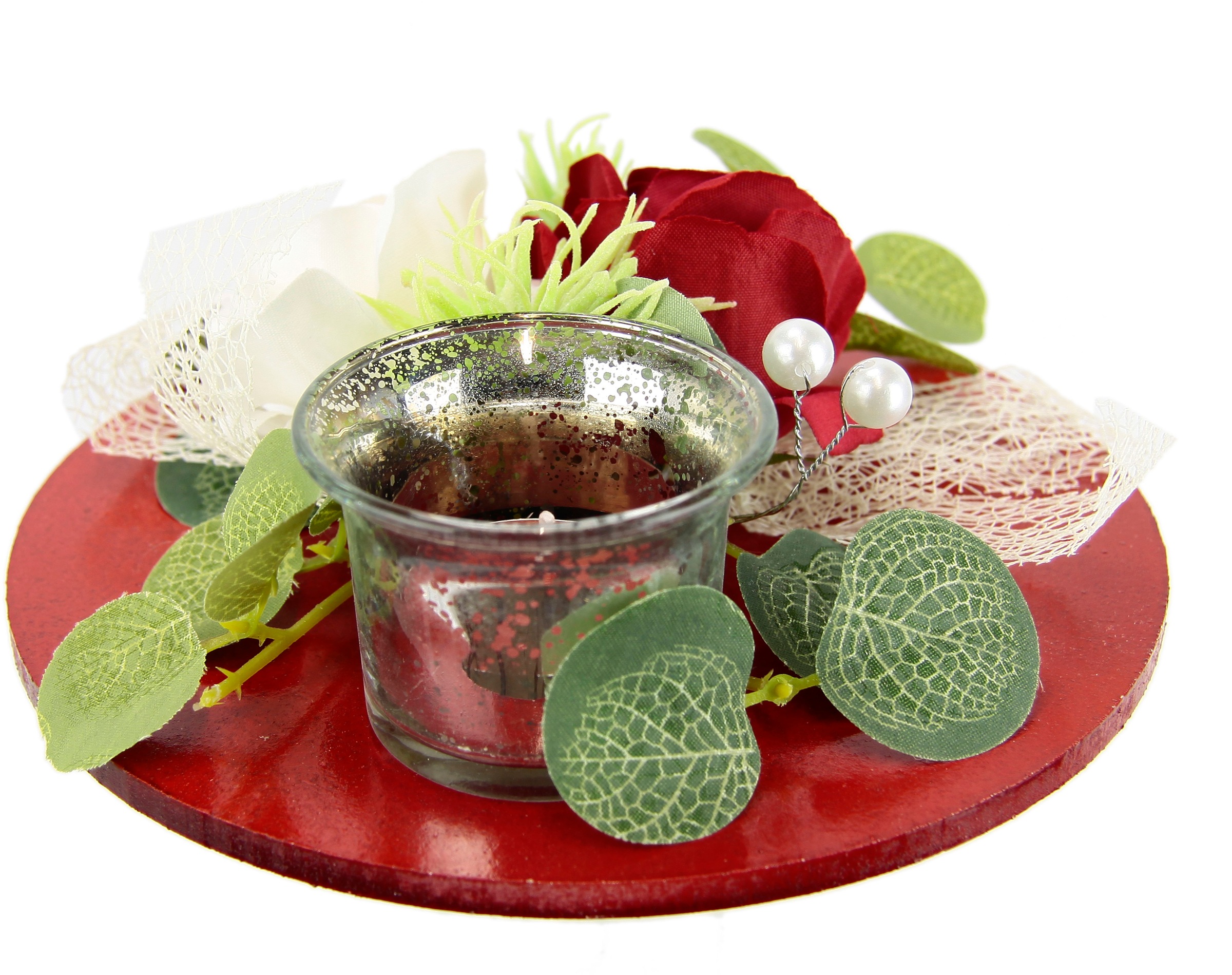 Teelichthalter I.GE.A. "Mit Glaseinsatz und Teelichtkerze, künstlichen Rosen Eukalyptus", rot (rot, weiß), B:17cm H:6cm, Polyester, Kerzenhalter, Teelichthalter, Kerzenständer Kerzenhalter Tischdeko Kerzen Muttertag Valentinstag 2