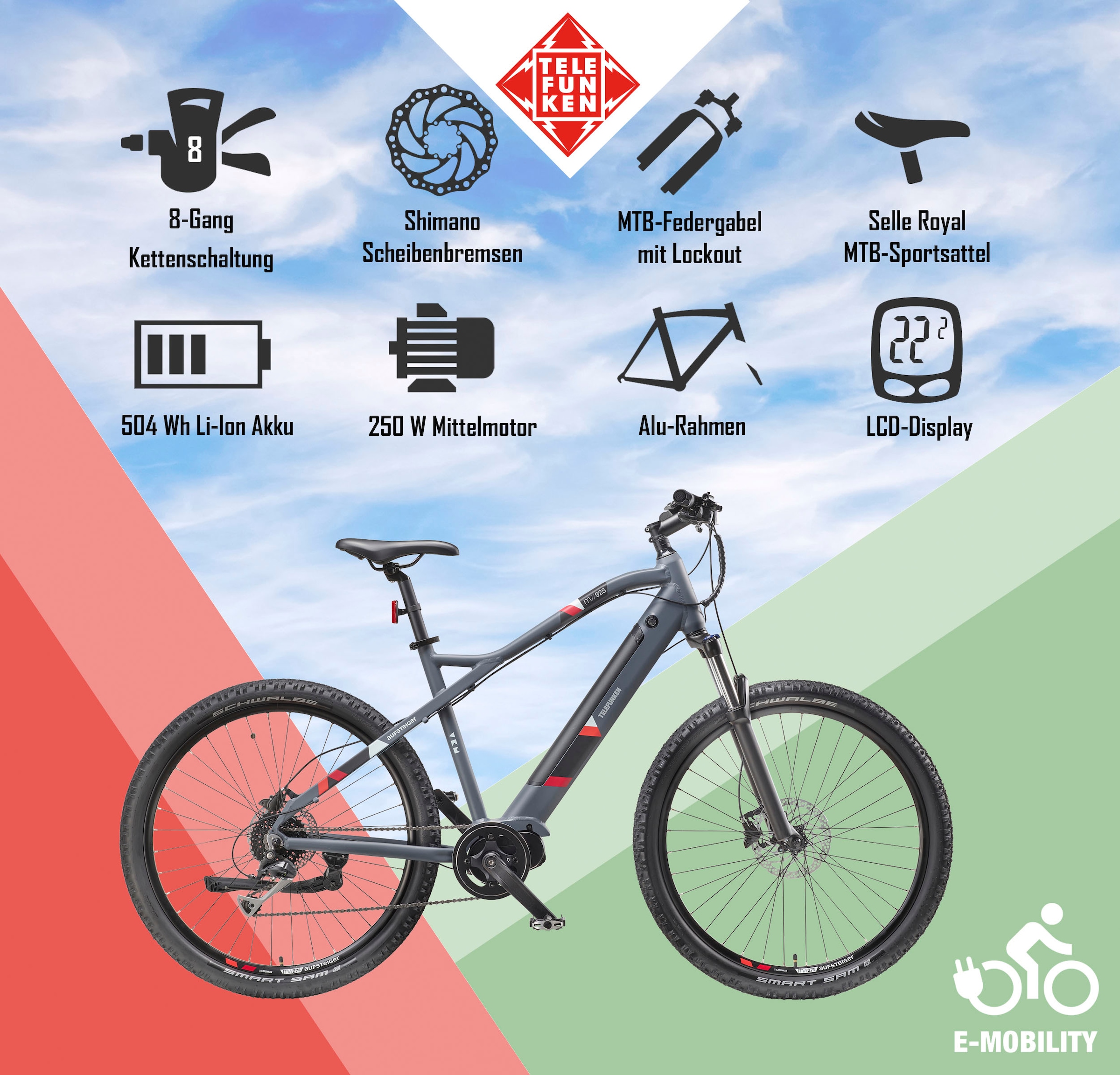 Telefunken E-Bike »Aufsteiger M925«, 8 Gang, Shimano, Acera, Mittelmotor 250 W, Pedelec, Elektrofahrrad für Damen u. Herren, MTB, Mountainbike