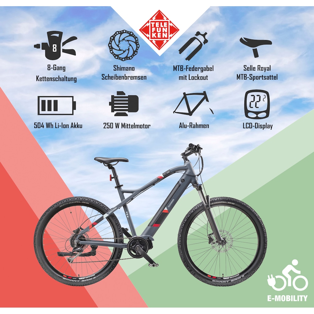 Telefunken E-Bike »Aufsteiger M925«, 8 Gang, Shimano, Acera, Mittelmotor 250 W