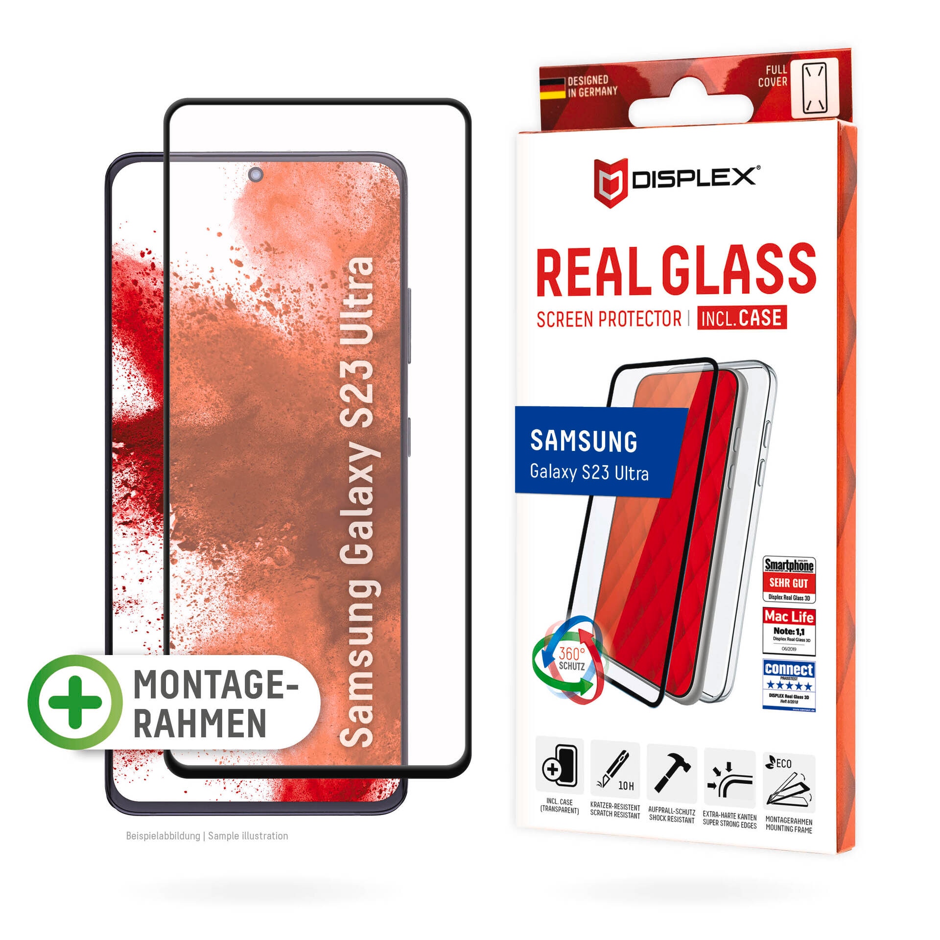 Displex Displayschutzglas »Real Glass + Case - Samsung Galaxy S23 Ultra«, Displayschutzfolie Displayschutz Rundumschutz 360 Grad splitterfest