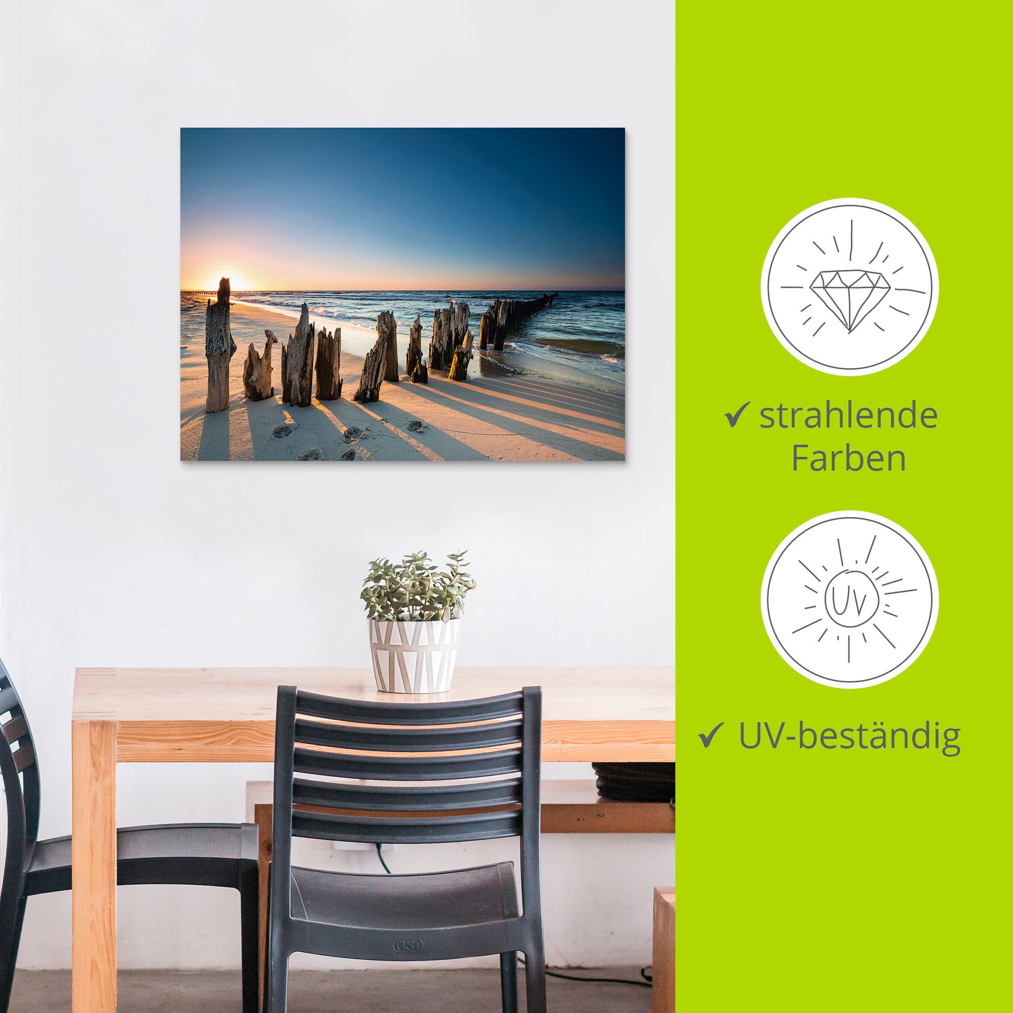 Artland Wandbild »Sonnenuntergang Strand Wellenbrecher«, Meer Bilder, (1 St.), als Alubild, Outdoorbild, Leinwandbild, Poster, Wandaufkleber