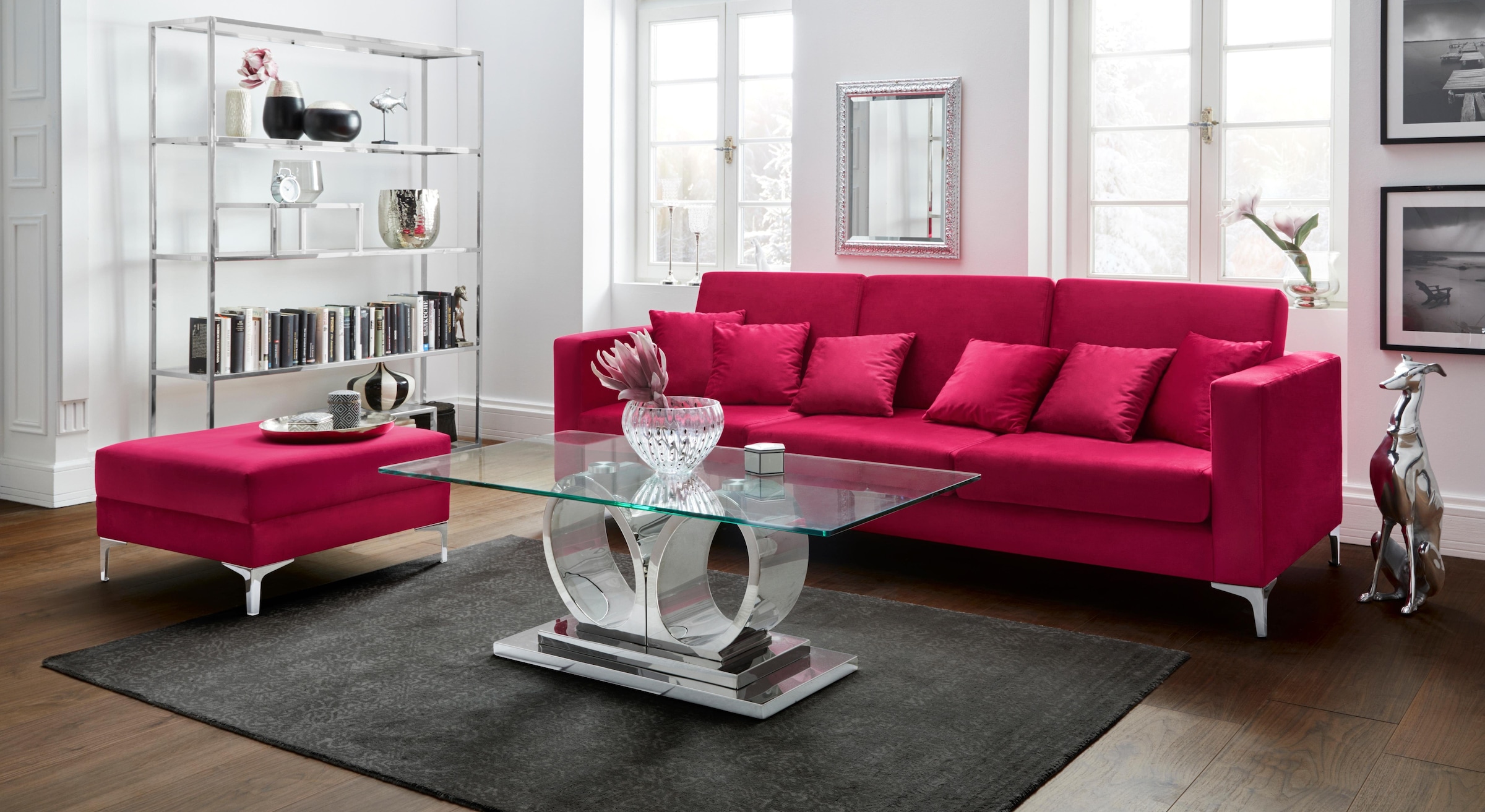 Leonique 3-Sitzer »Miami«, 3-Sitzer Sofa, pink, Velours, Chromfüße, Design, 245x97x85