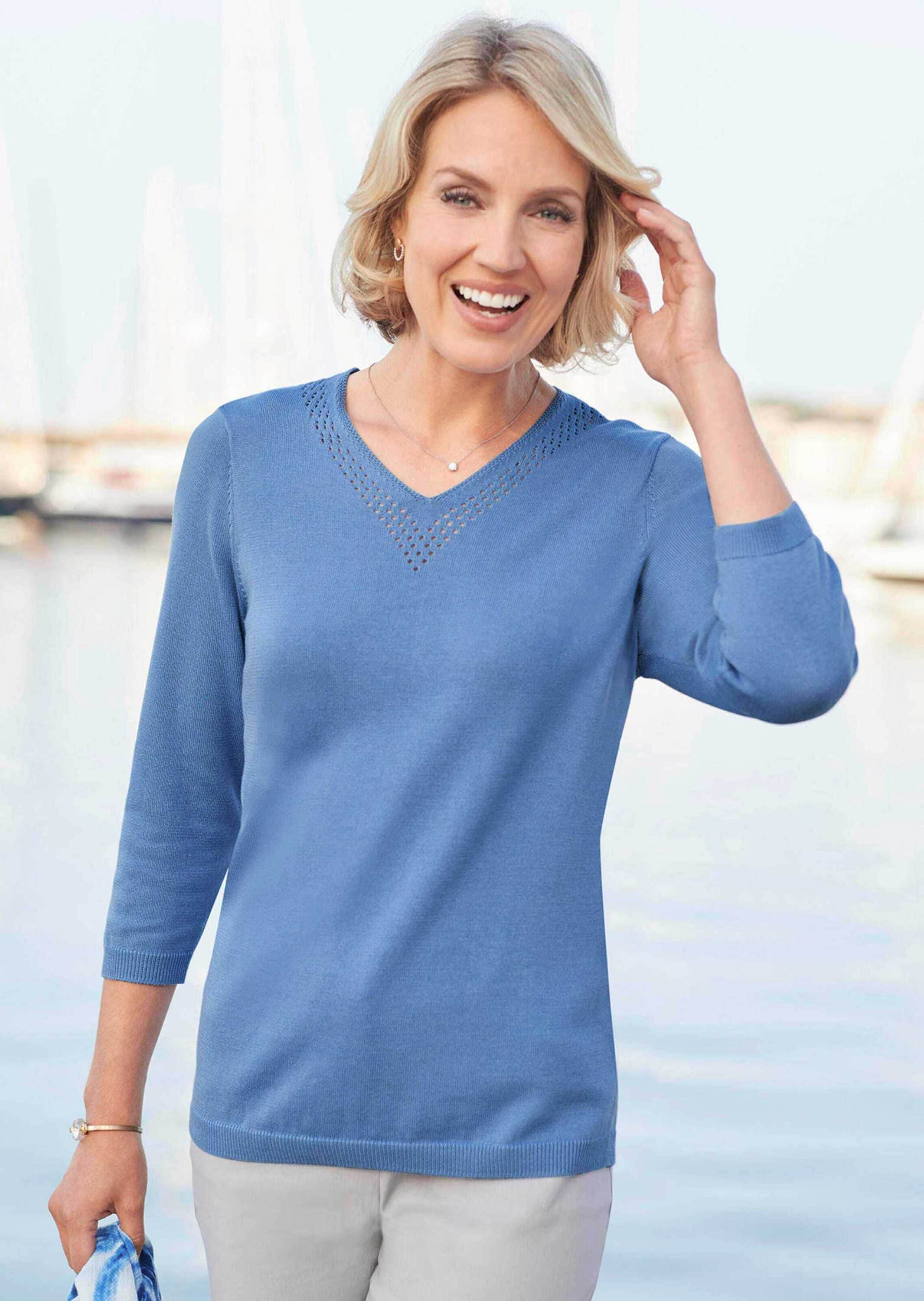 GOLDNER Rundhalspullover »Unkomplizierter Pullover mit V-Ausschnitt« Mit hübschen Ajourdetails am V-Ausschnitt