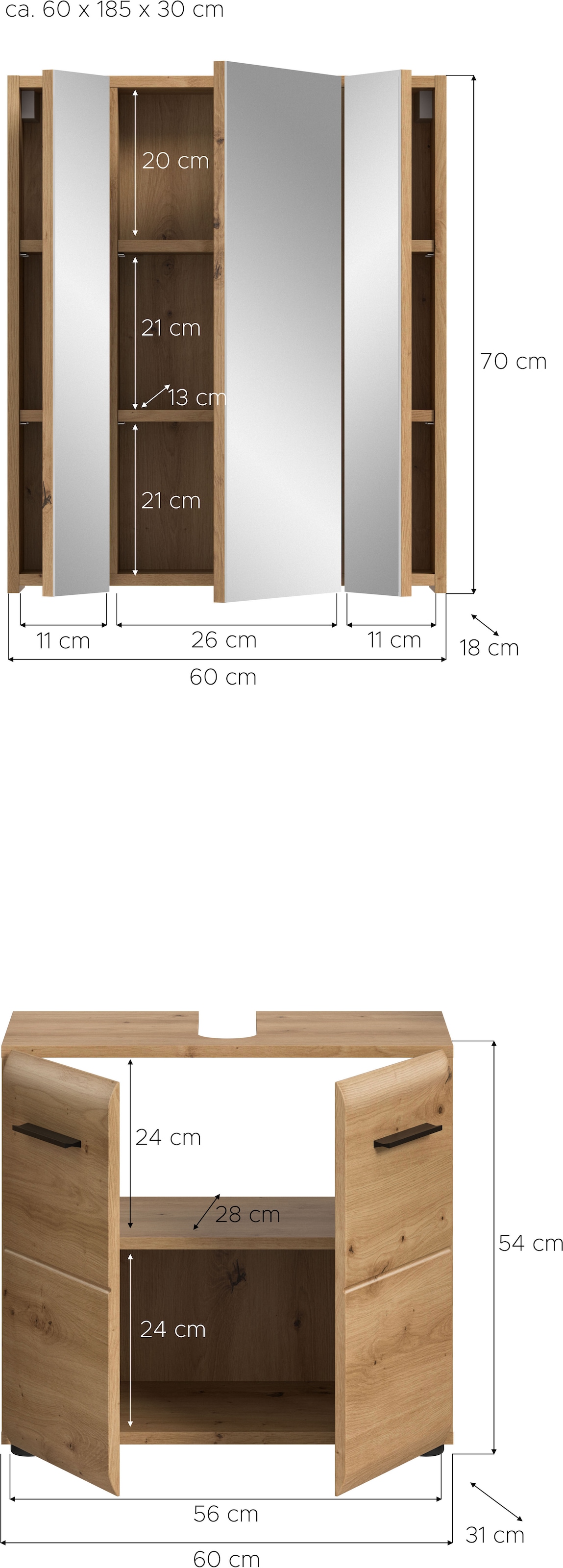 INOSIGN Badmöbel-Set »FLORENZ, TOPSELLER!, 2-teilige Badkombination, hochwertige MDF-Front«, (Set, 2 St., bestehend aus: 1 Waschbeckenunterschrank, 1 Spiegelschrank), Florenz, Badkombination 2-tlg., Artisan Oak NB, WBU, Spiegelschrank