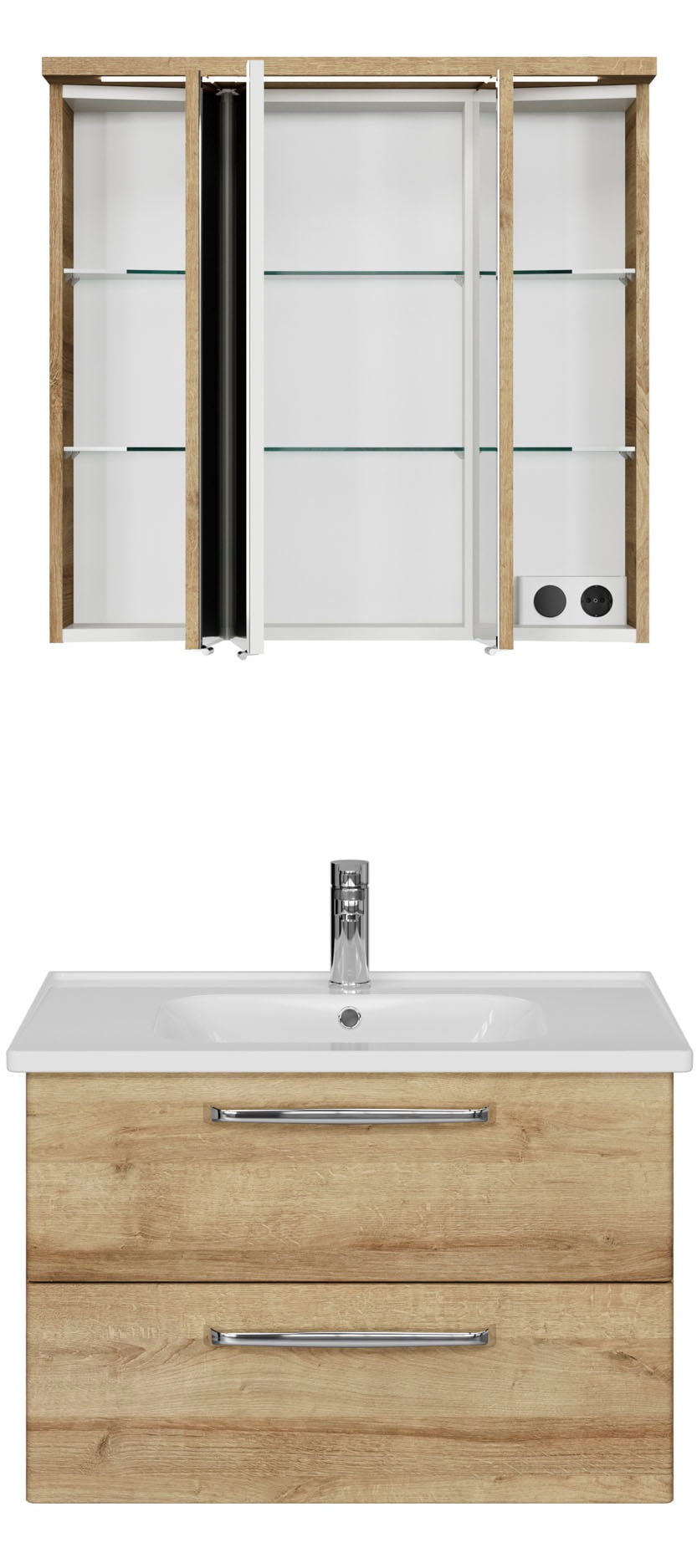 Saphir Badmöbel-Set »Trentino 2-teilig Keramik-Waschtisch mit LED-Spiegelschrank«, (3 St.), Badmöbel-Set 79cm breit, inkl. Türdämpfer, 3 Türen, 2 Auszügen