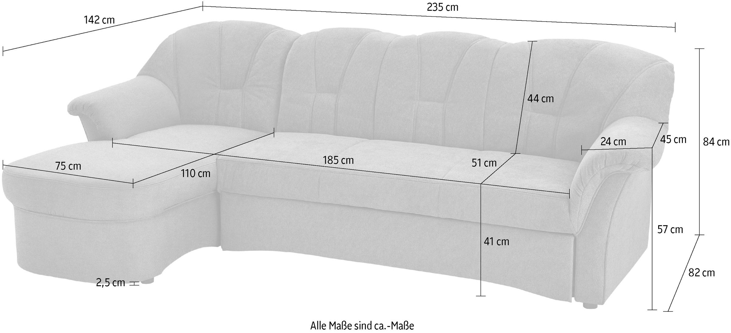DOMO collection Ecksofa »Papenburg, zeitlose Rückensteppung, elegante Formensprache, L-Form« in großer Farbvielfalt, wahlweise mit Bettfunktion