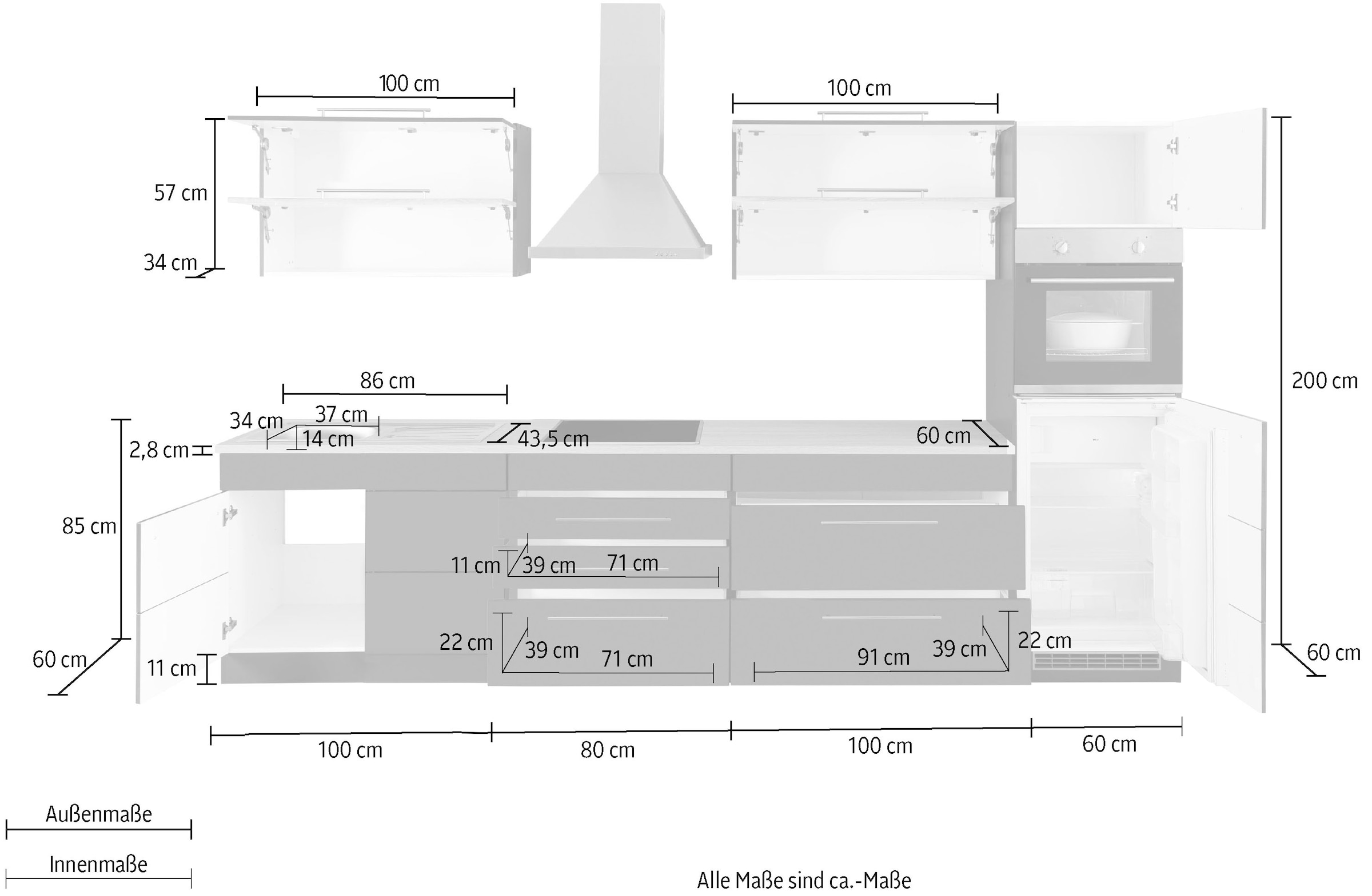 KOCHSTATION Küchenzeile »KS-Wien« Breite 340 cm, wahlweise mit E-Geräten und Induktion