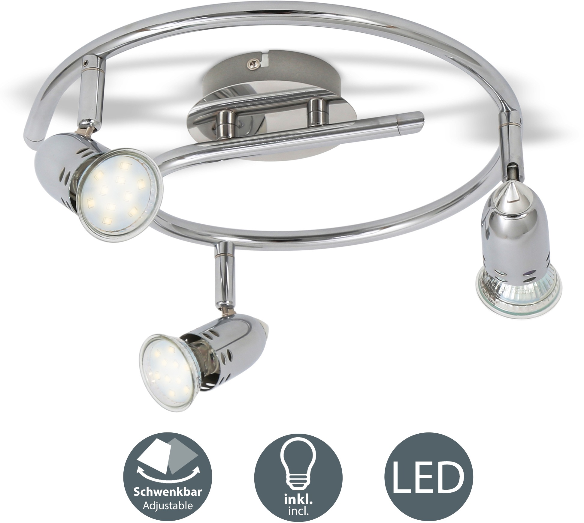 B.K.Licht LED Deckenleuchte, 3 flammig, Leuchtmittel GU10 | Leuchtmittel wechselbar, Deckenlampe, Deckenspots, Strahler, inkl. 3W 250lm, modern, chrom