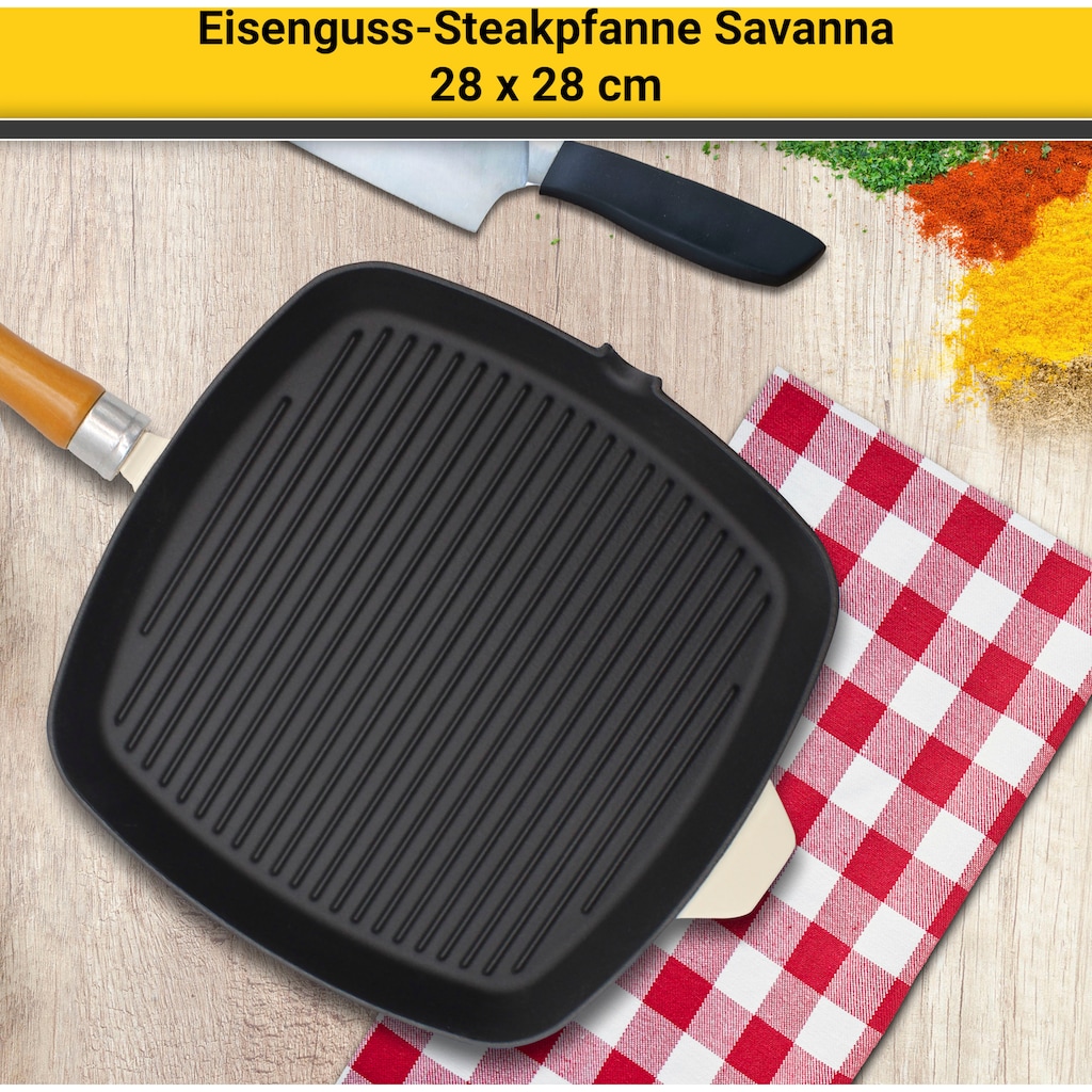 Krüger Steakpfanne »Einsenguss Grill-/ Steakpfanne SAVANNA, 28 x 28cm«, Gusseisen, (1 tlg.), für Induktions-Kochfelder geeignet