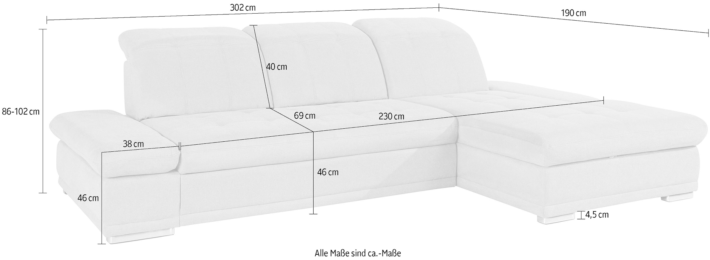 COTTA Ecksofa »Holiday L-Form mit Sitztiefen-, Armteil- und Kopfteilverstellung«, wahlweise mit Bettfunktion & Bettkasten