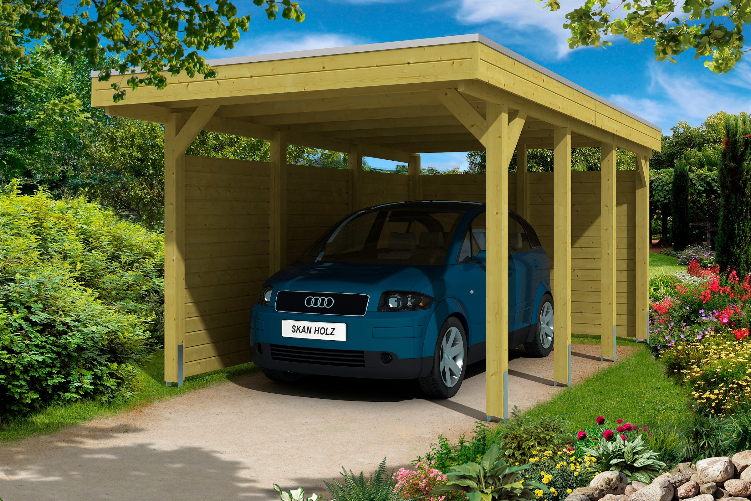 Skanholz Einzelcarport "Friesland 1" Massivholz 270 cm braun mit Seiten- und Rückwänden