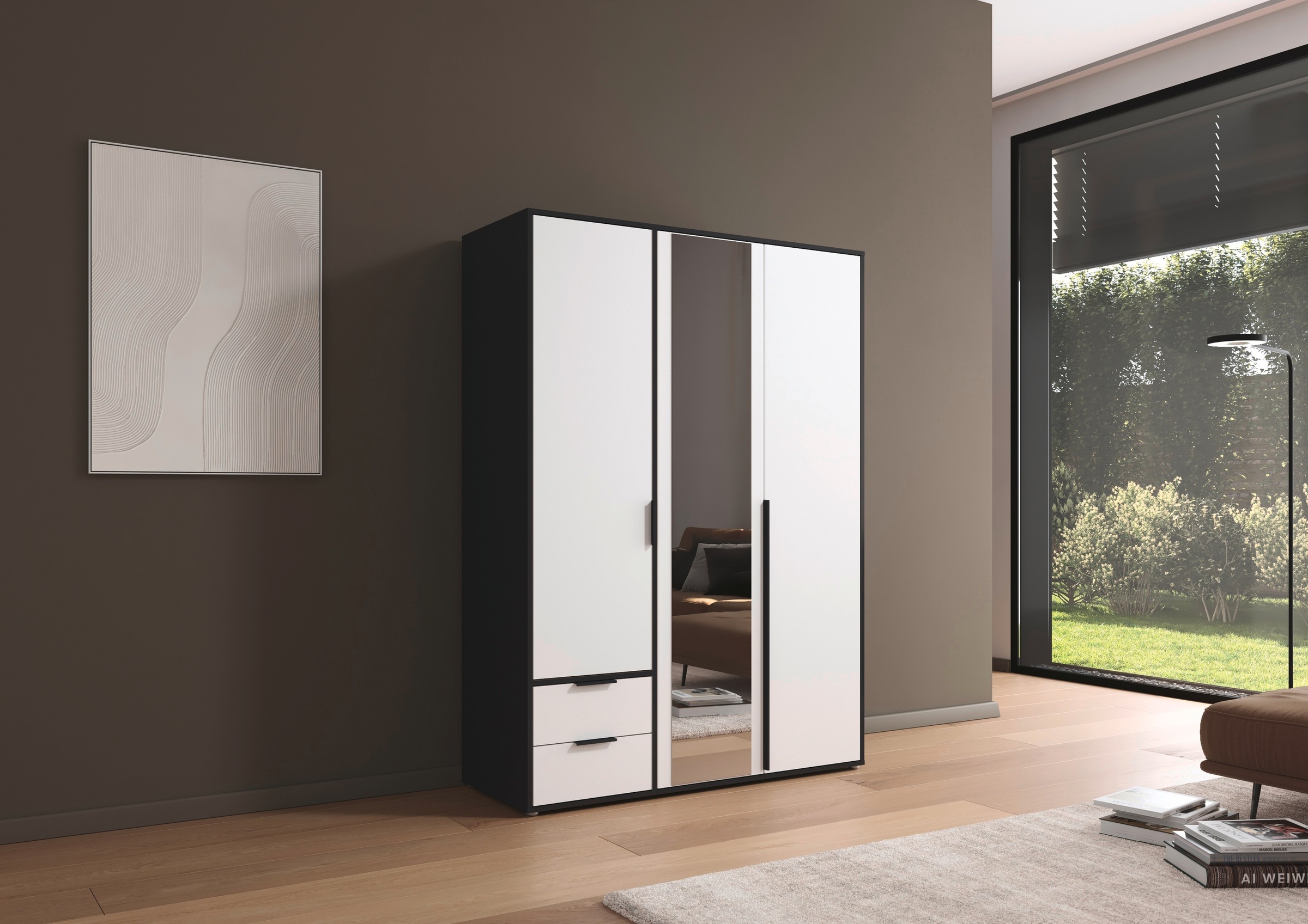 rauch Drehtürenschrank »Kleiderschrank Schrank Garderobe Wäscheschrank NAGATA mit Spiegel«, (in 3 verschiedenen Ausstattungen BASIC/CLASSIC/PREMIUM), und Schubladen sowie Stangengriffen TOPSELLER MADE IN GERMANY