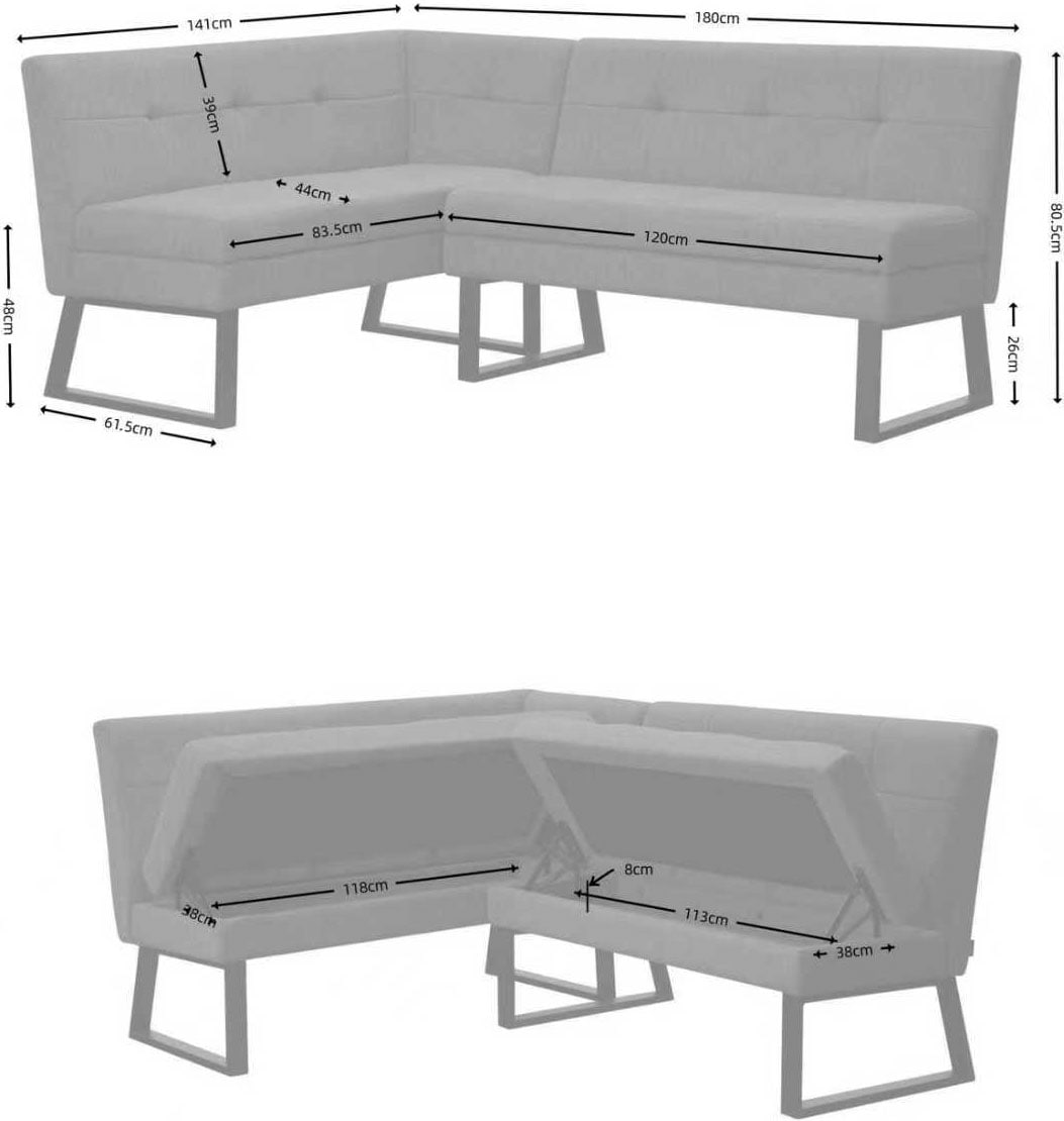 OTTO home Eckbank »Geranie, Sitzbank, Essbank, pflegeleichter Strukturstoff« Eckbank inkl. Stauraum, Pulverbeschichtetes Metallgestell