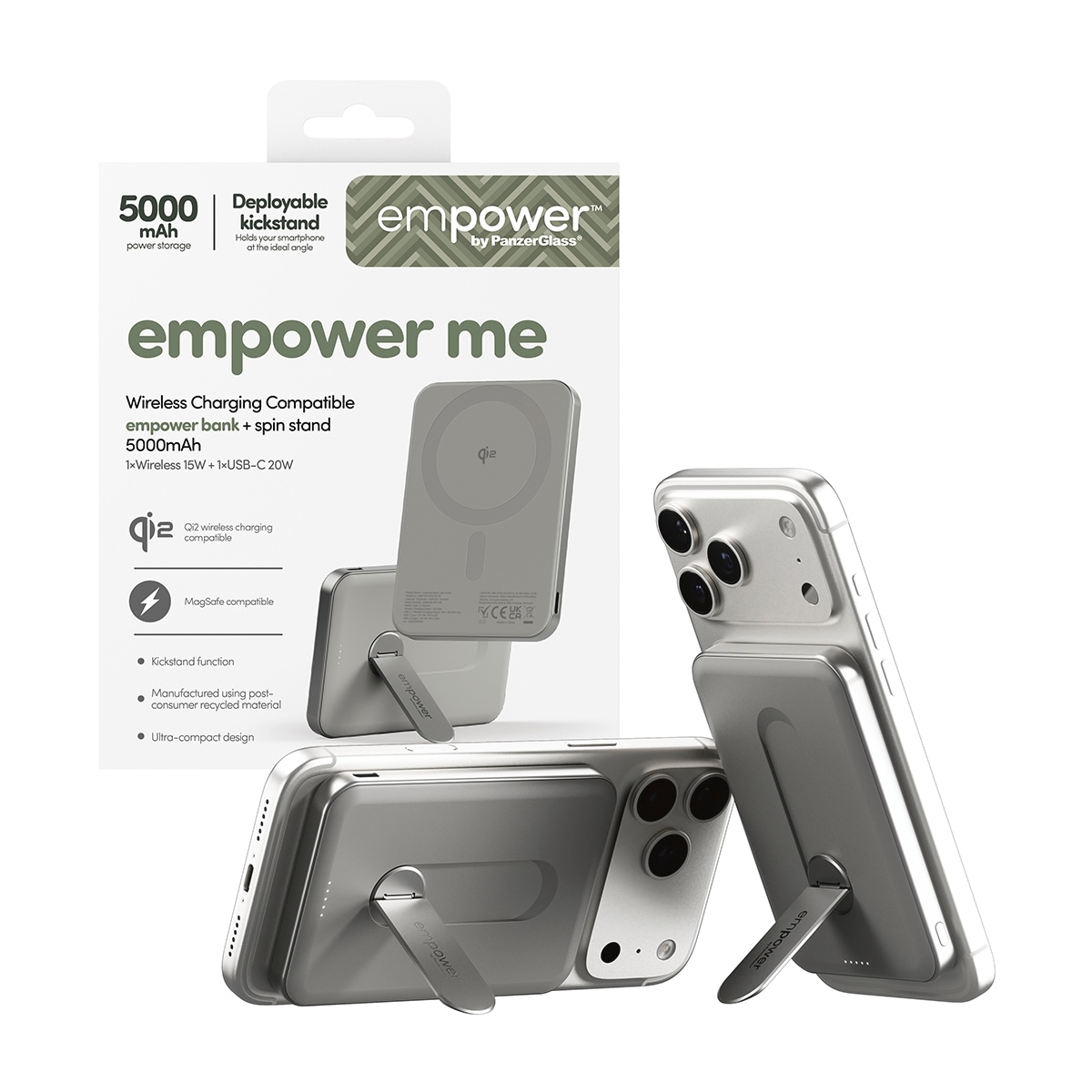 Powerbank "empower Bank 5000 mAh mit Spin Stand", 3,85 V 5.000mAh, silber, EMPOWER BY PANZERGLASS, Akkumulatoren
