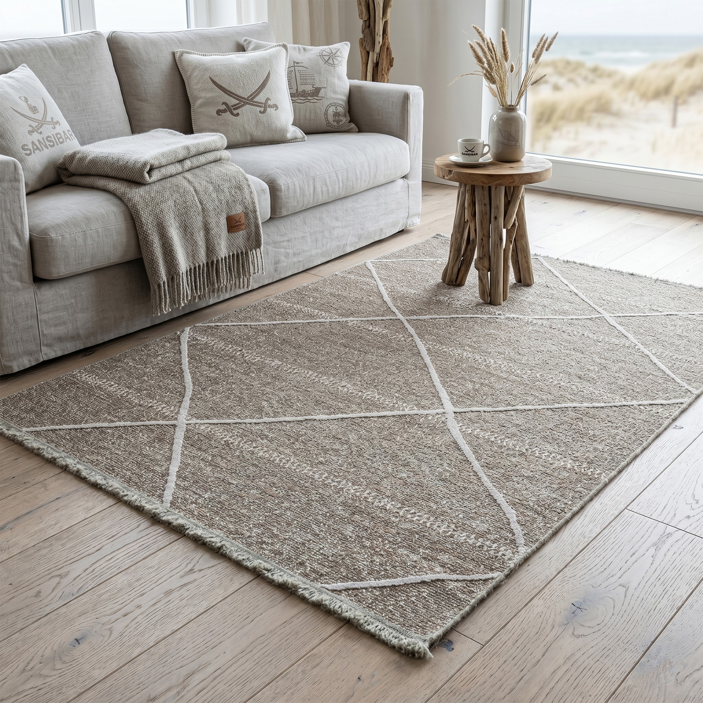 Sansibar Teppich "Braderup" rechteckig 2 mm Höhe Flachgewebe, modernes Scandi Design, Motiv Rauten, mit Fransen