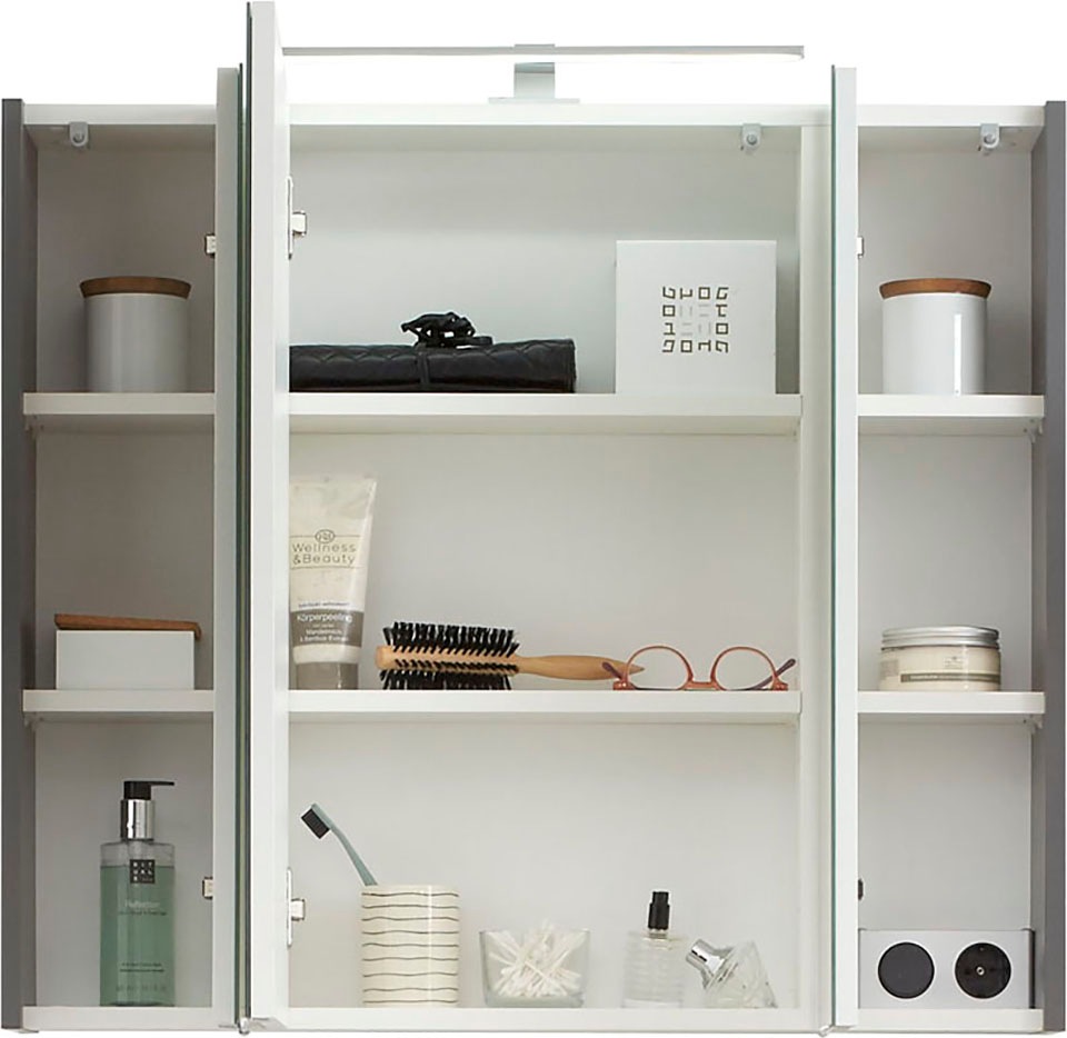 Saphir Spiegelschrank »Quickset 357 Badschrank, 3 Spiegeltüren, 6 Einlegeböden, 80 cm breit«, inkl. LED-Beleuchtung, Türdämpfer, Schalter-/Steckdosenkombination