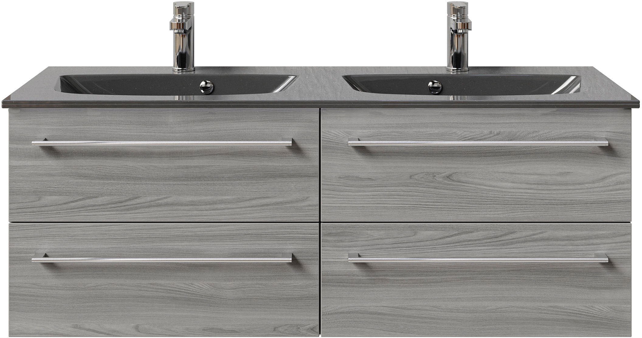 Saphir Badmöbel-Set »Serie 6025 2-teilig Mineralmarmor-Waschtisch mit LED-Spiegelschrank«, (2 St.), Waschplatz 132cm breit, 4 Schubladen, 2 Spiegel-Türen, inkl Türdämpfer