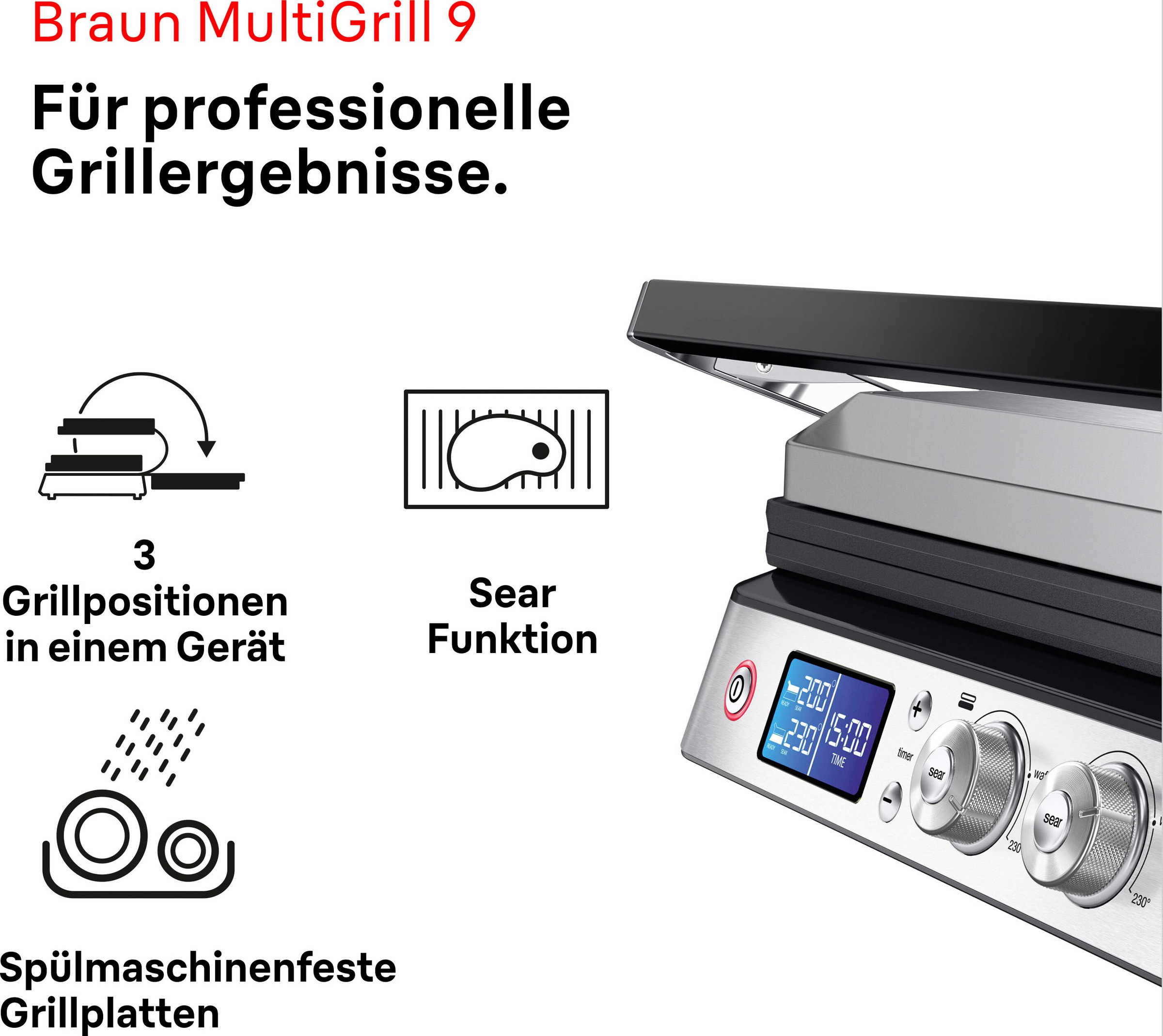Braun Kontaktgrill "MultiGrill 9 CG 9043 - 3 Kochpositionen, bis 250C, 16 B günstig online kaufen
