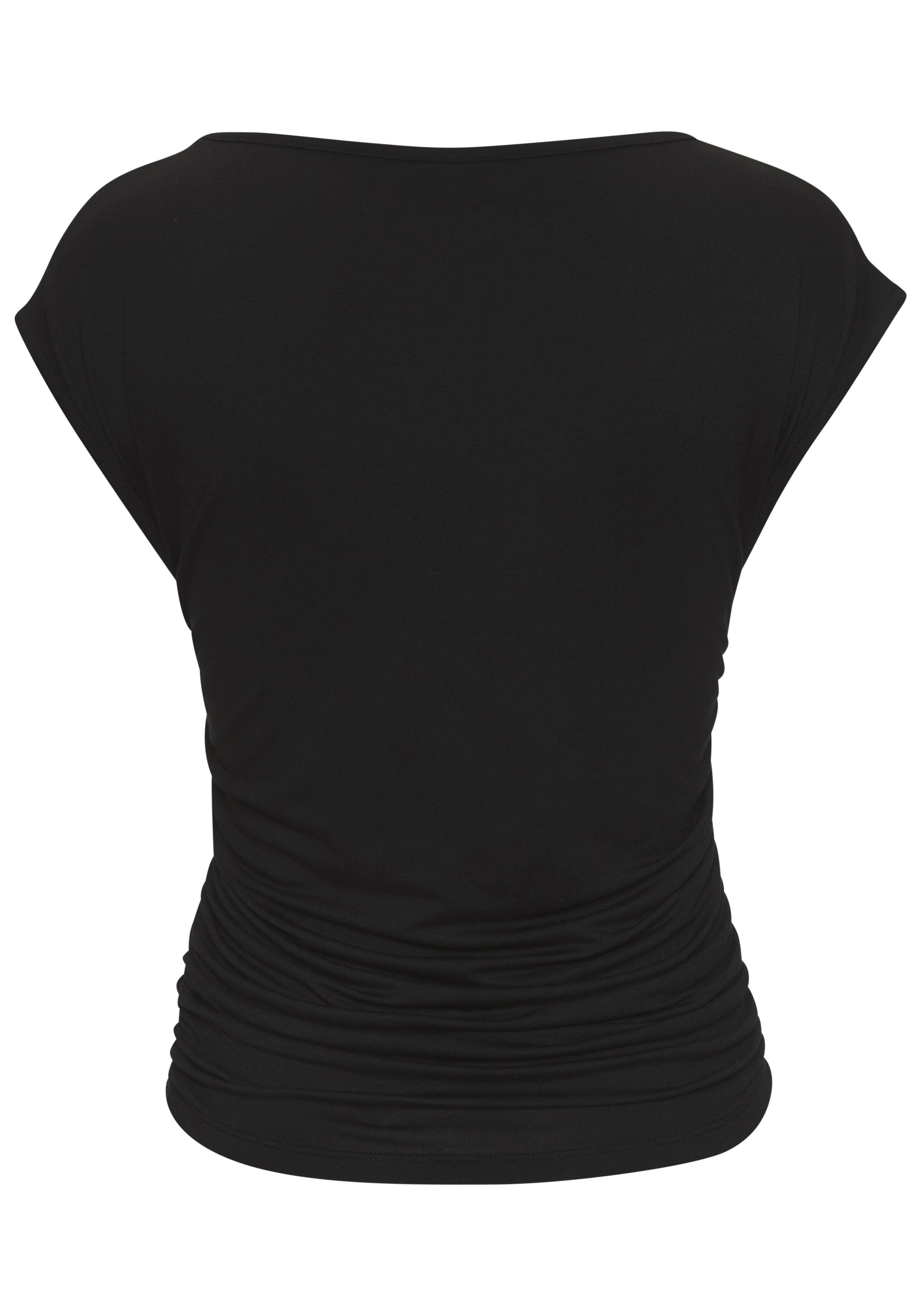 T-Shirt BUFFALO, Damen, Gr. 36/38, schwarz, Single Jersey, Obermaterial: 95% Viskose, 5% Elasthan, unifarben, figurumspielend hüftlang, U-Boot-Ausschnitt, angeschnitten, Shirts T-Shirt, mit seitlicher Raffung, Jerseyshirt, Basic 3